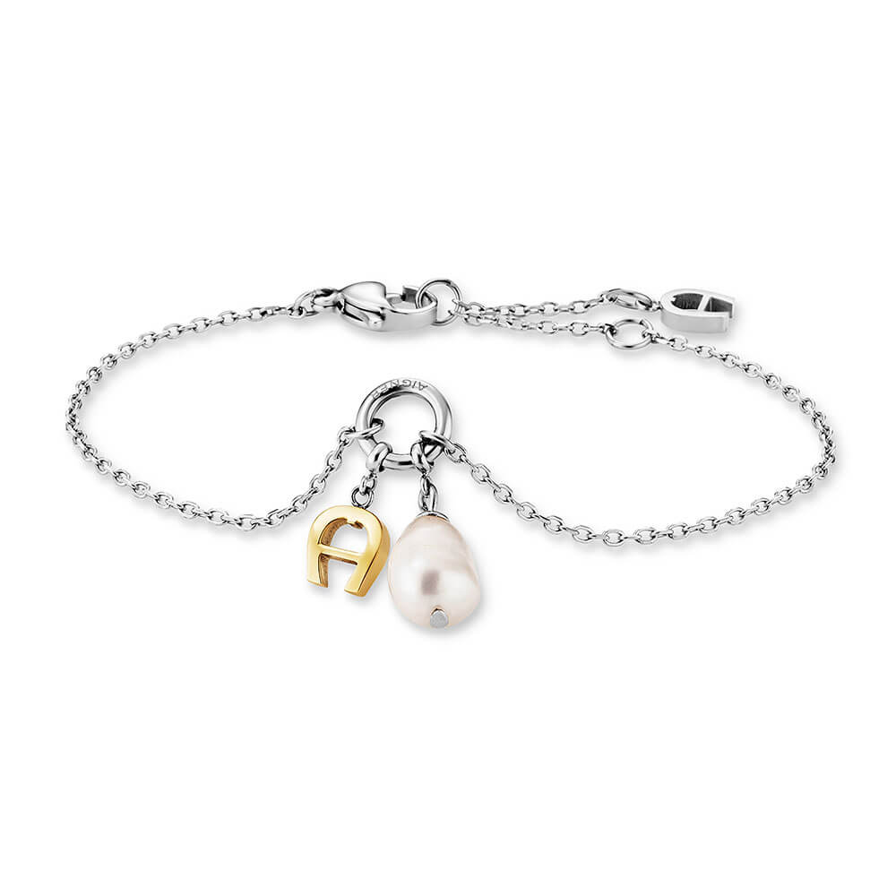 Silver-toned stainless steel chain bracelet with a gold-toned Aigner 'A' charm and an irregular white pearl drop.