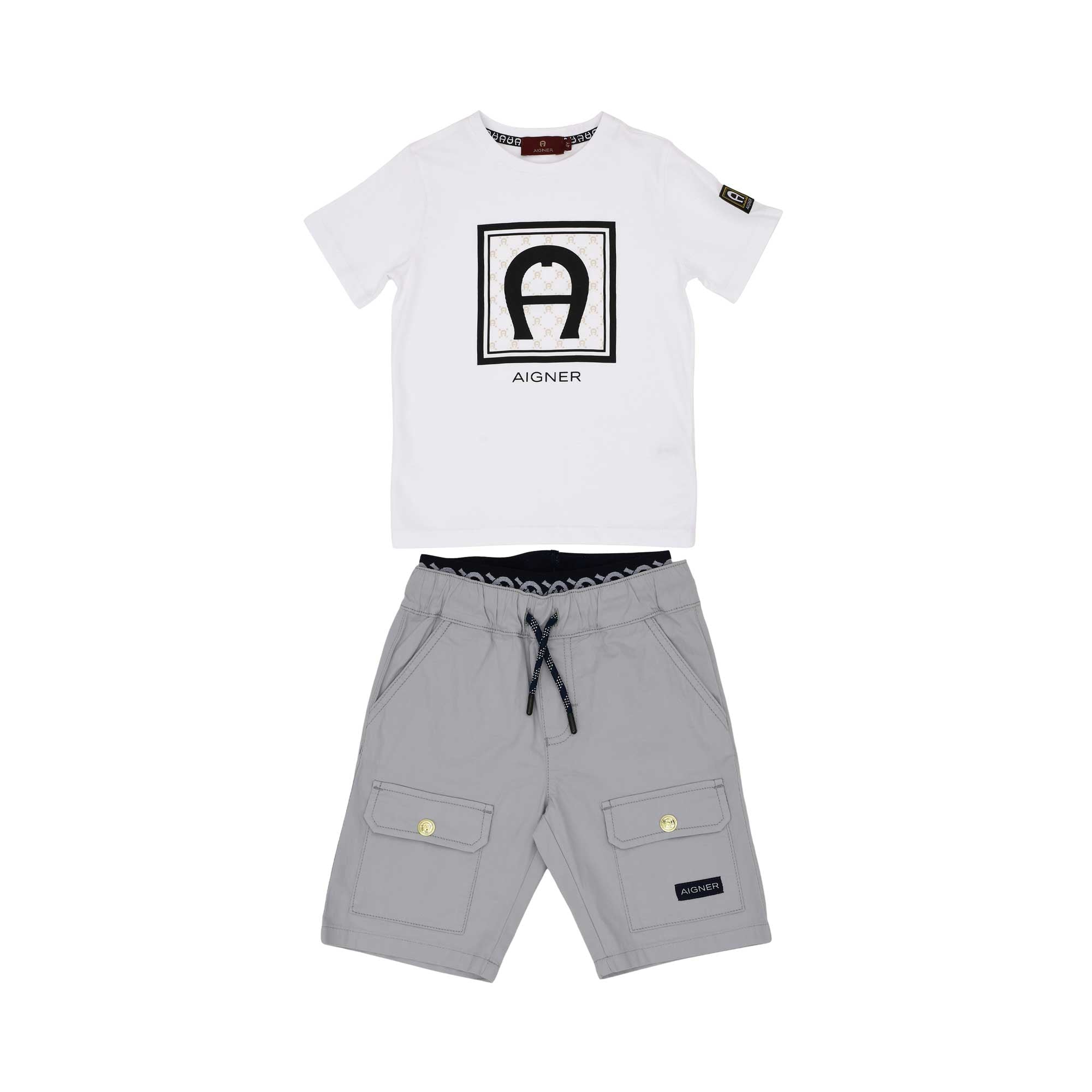 تي شيرت بإطار شعار Aigner Kids Boys ومجموعة برمودا متعددة الاستخدامات باللون الأبيض والرمادي