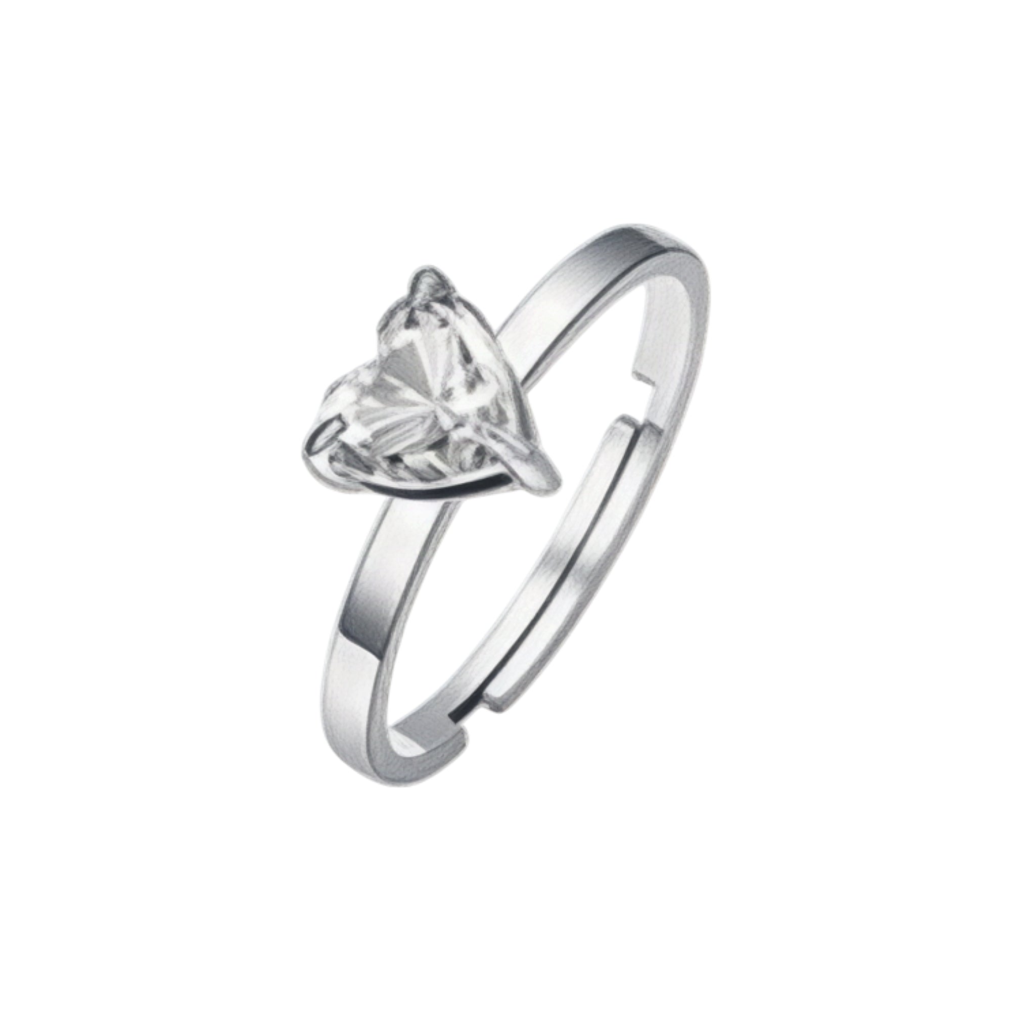Silver-toned adjustable steel ring with a clear, faceted heart-shaped crystal set in prongs.