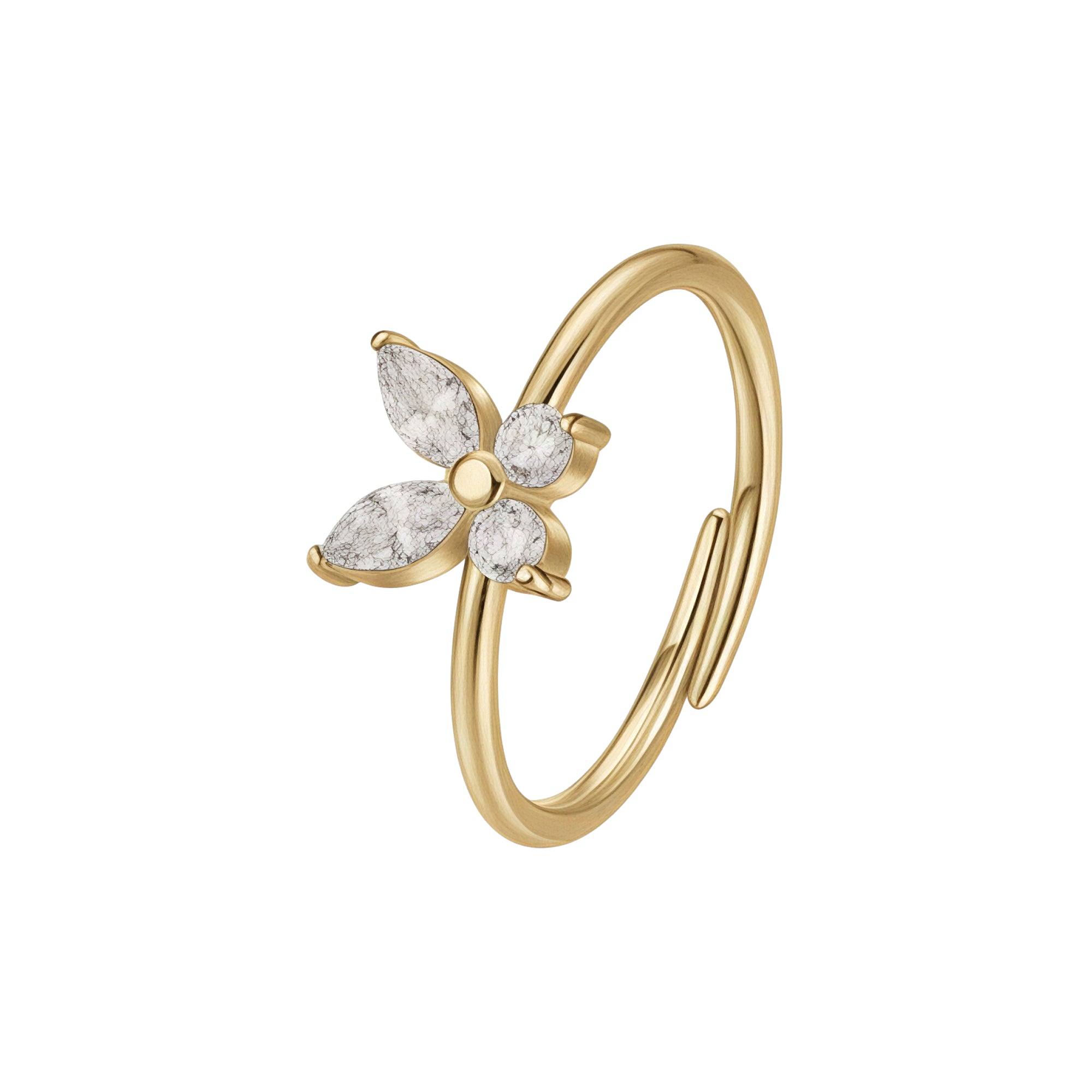 Gold-coloured steel open ring with a butterfly motif featuring two marquise-cut and two round-cut white zirconia stones.