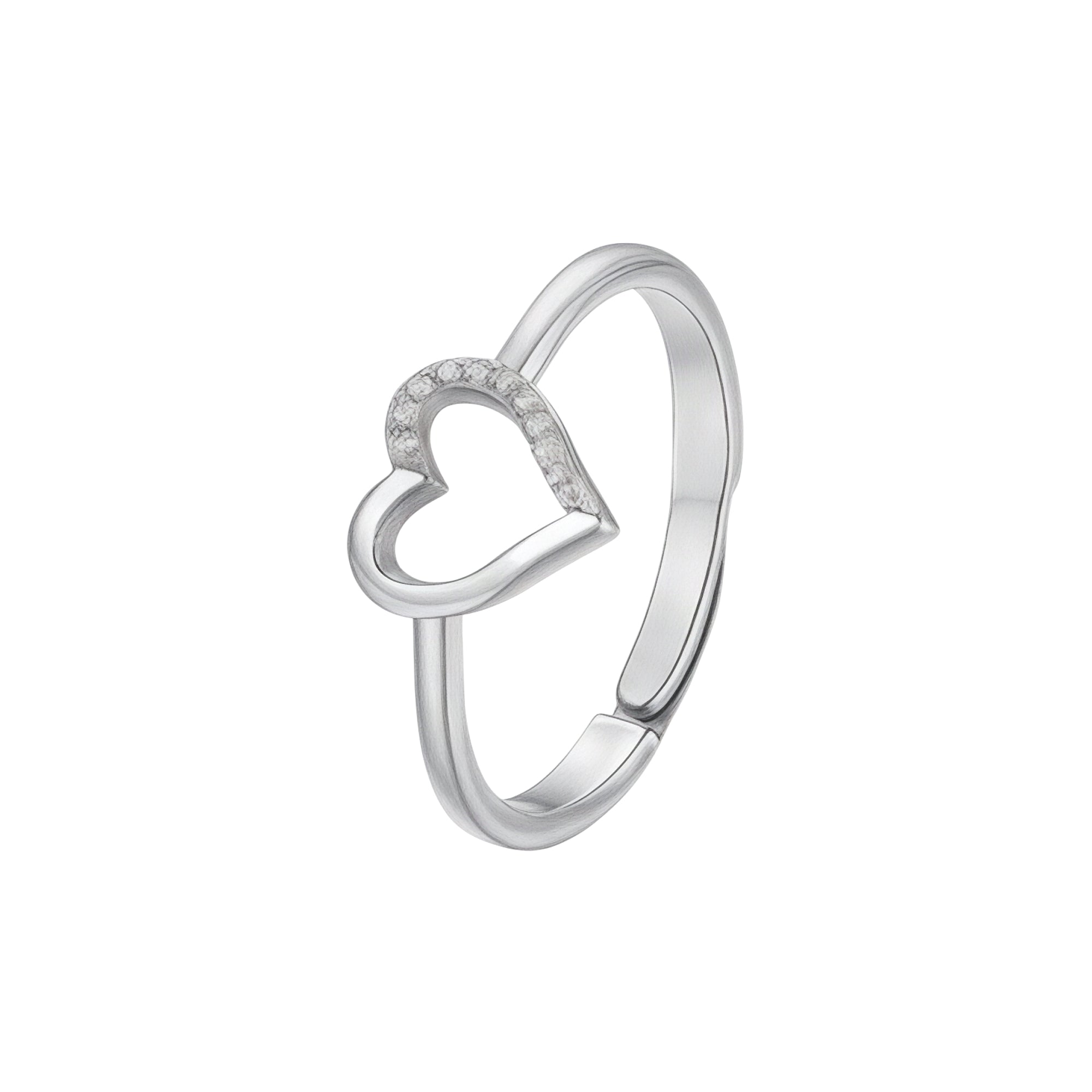 White steel adjustable ring with an open heart design, one half of the heart embellished with white zirconia stones.