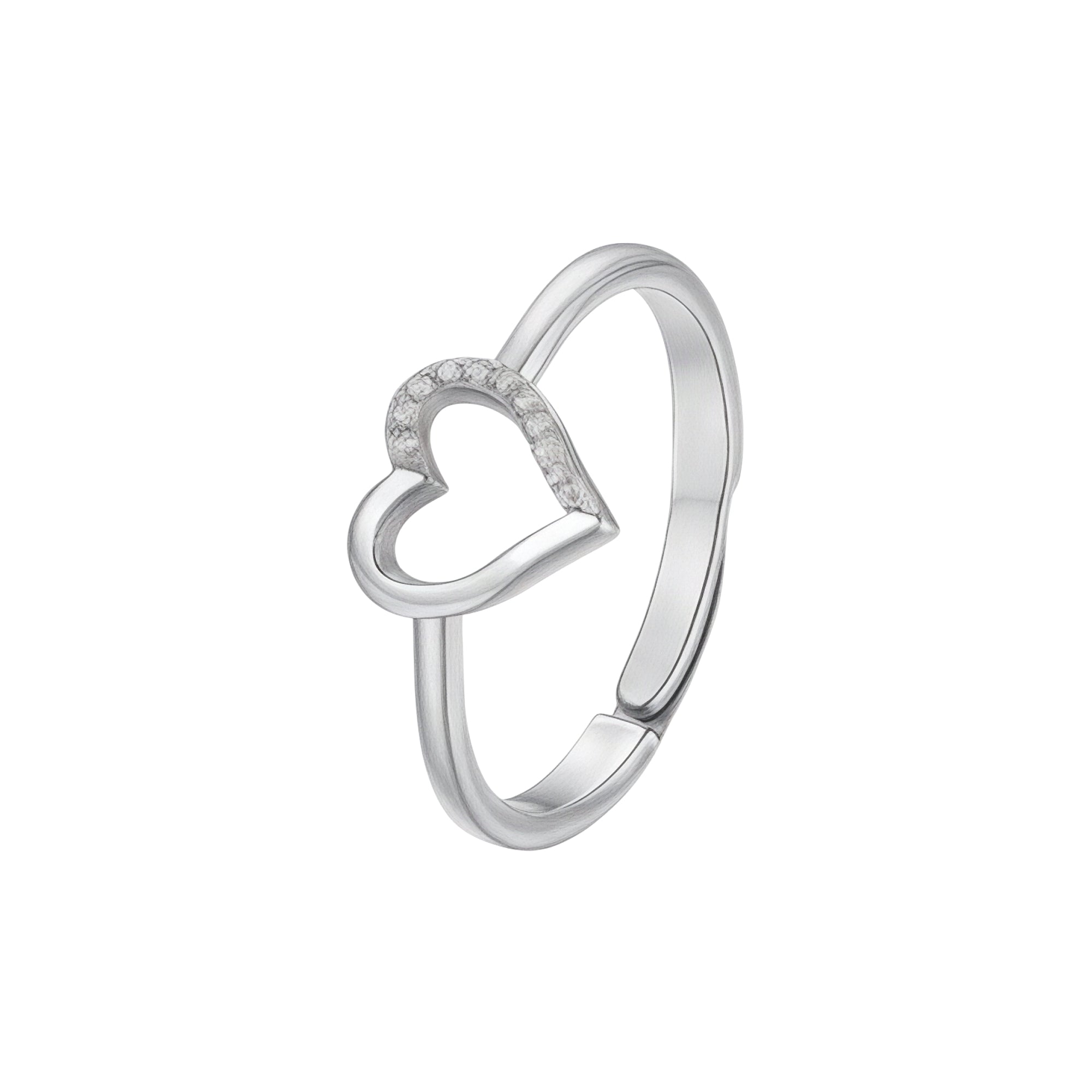 White steel women's ring with an open heart design, featuring white zirconia stones on the upper curve of the heart.