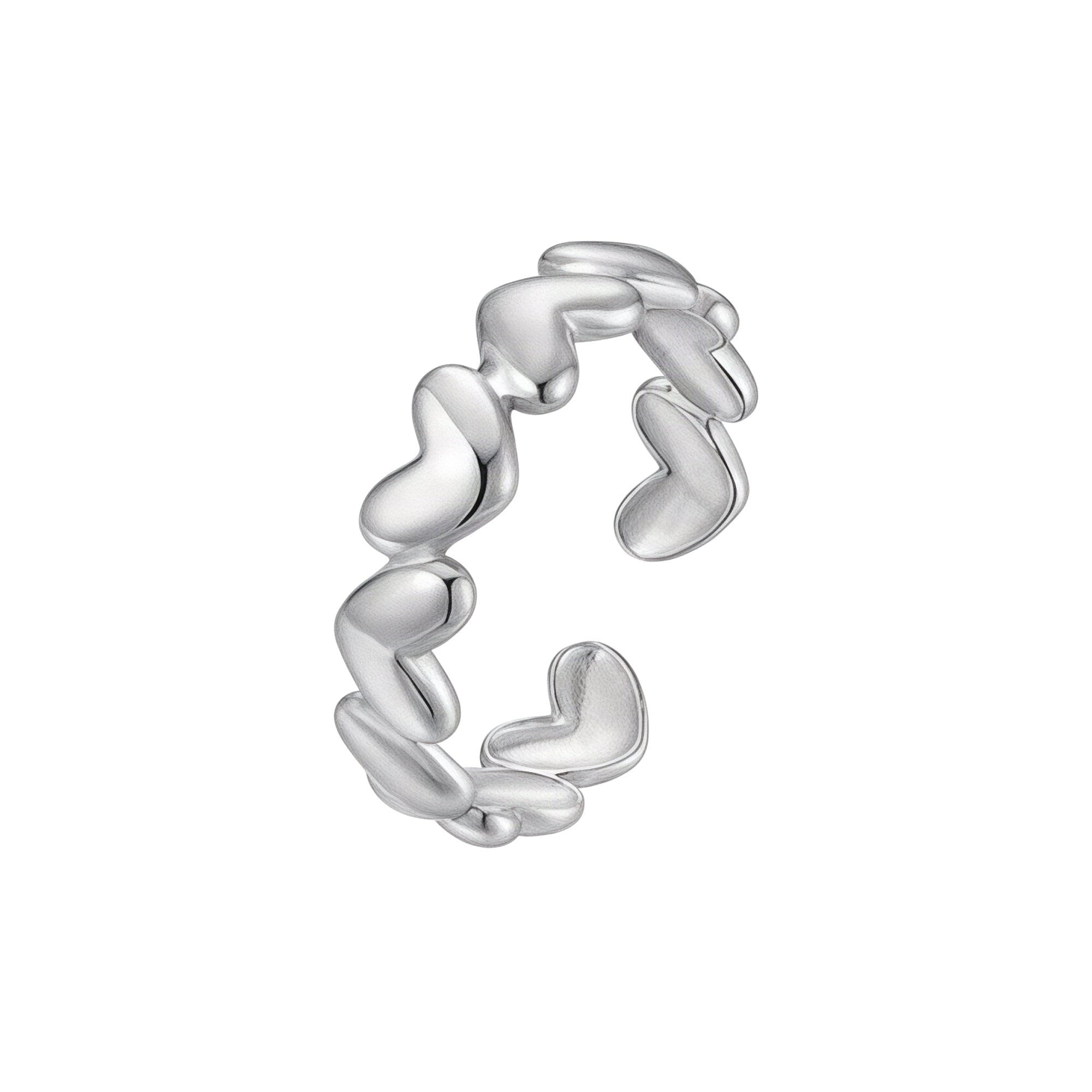 Silver-coloured steel open ring with a continuous band of rounded, interconnected heart shapes.