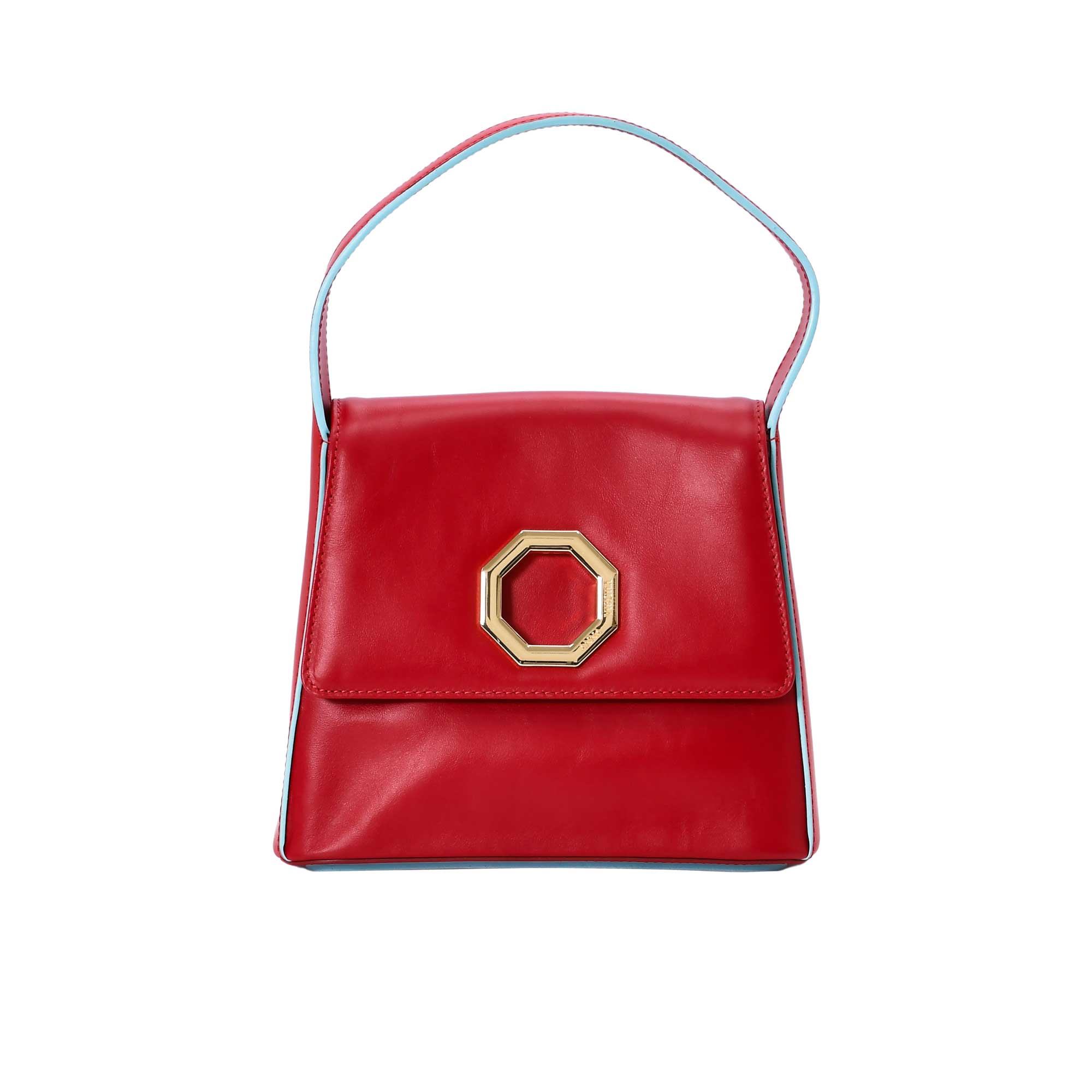 ANNA VIRGILI red leather top-handle bag with structured design, flap closure, light blue trim accents, and gold-tone octagonal hardware.