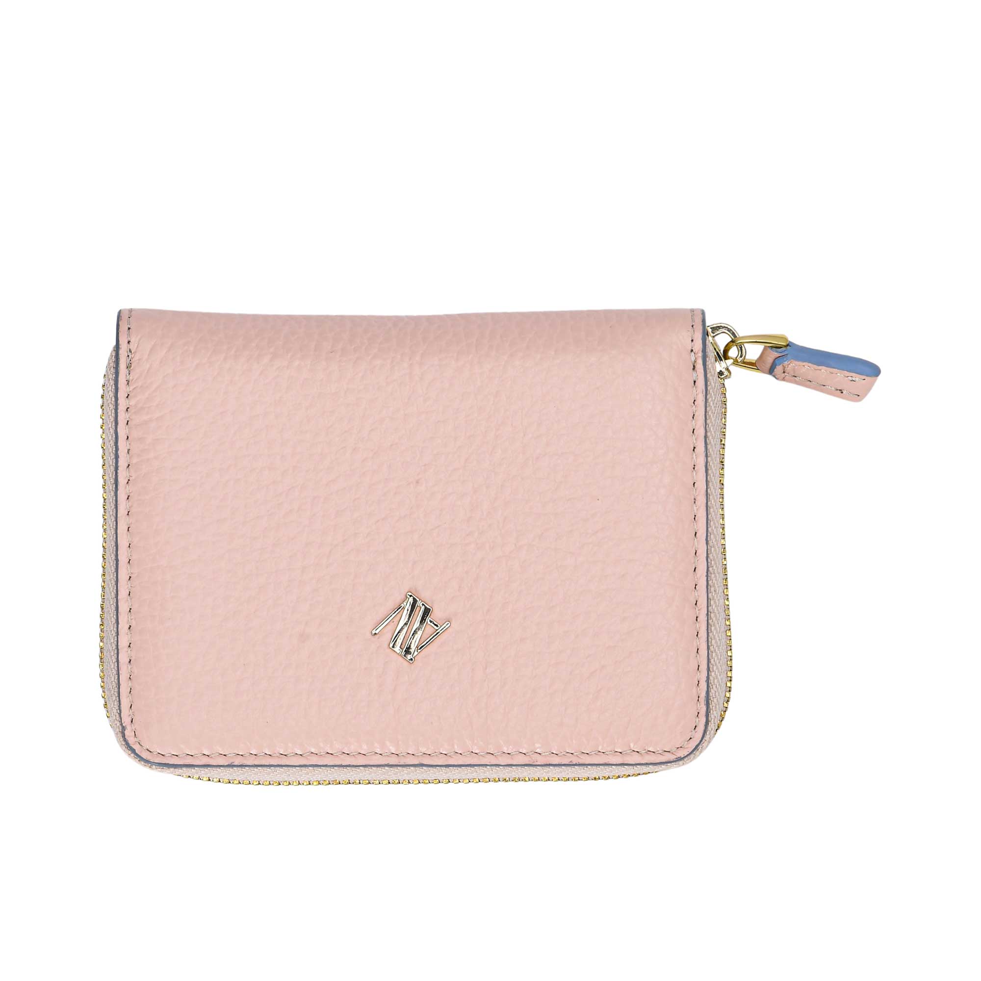 ANNA VIRGILI blush pink leather zip wallet with compact design, gold-tone zipper, contrast pull detail, and minimalist metal logo.