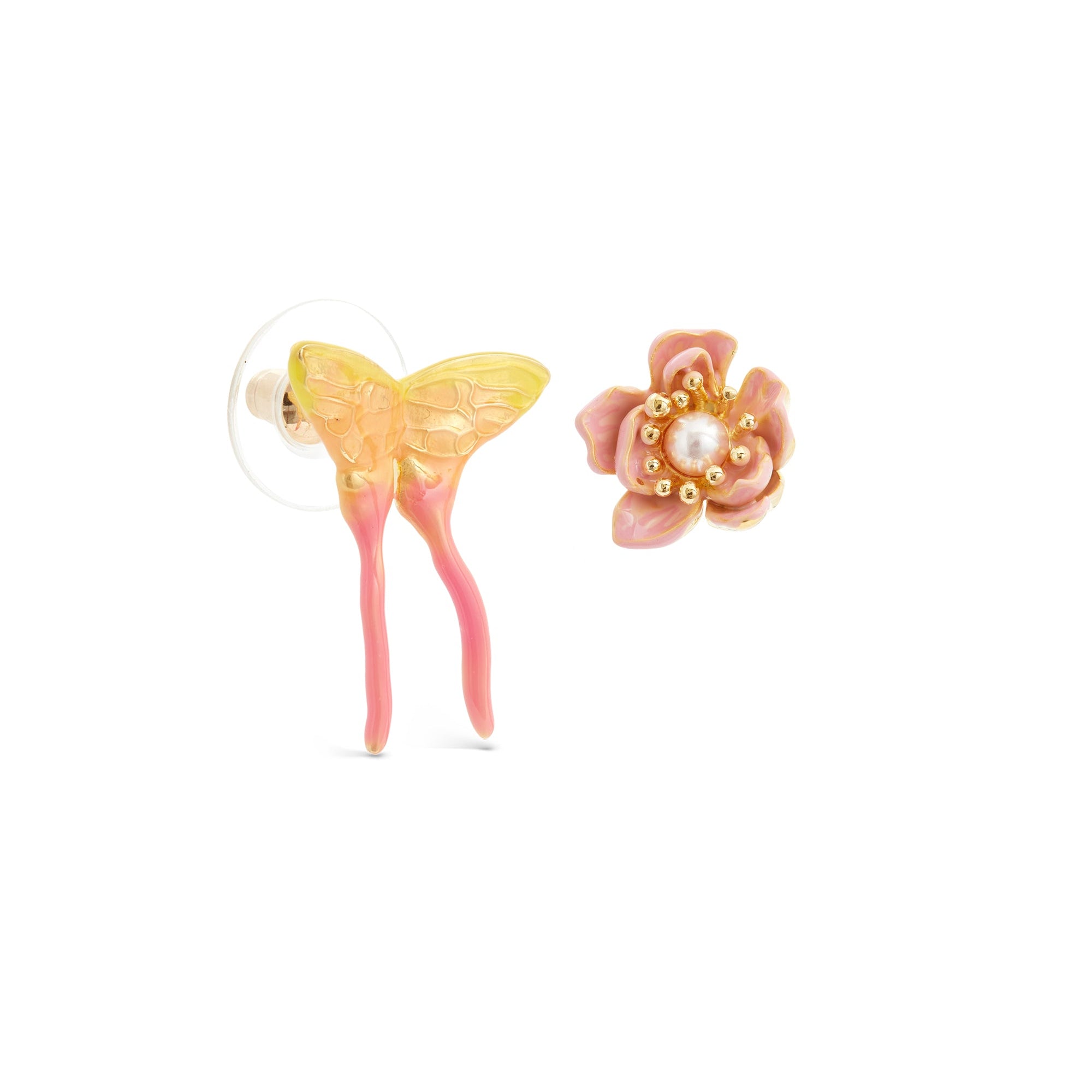 Les Nereides Pink Magnolia Flower And Pink And Yellow Butterfly Asymmetrical Earrings