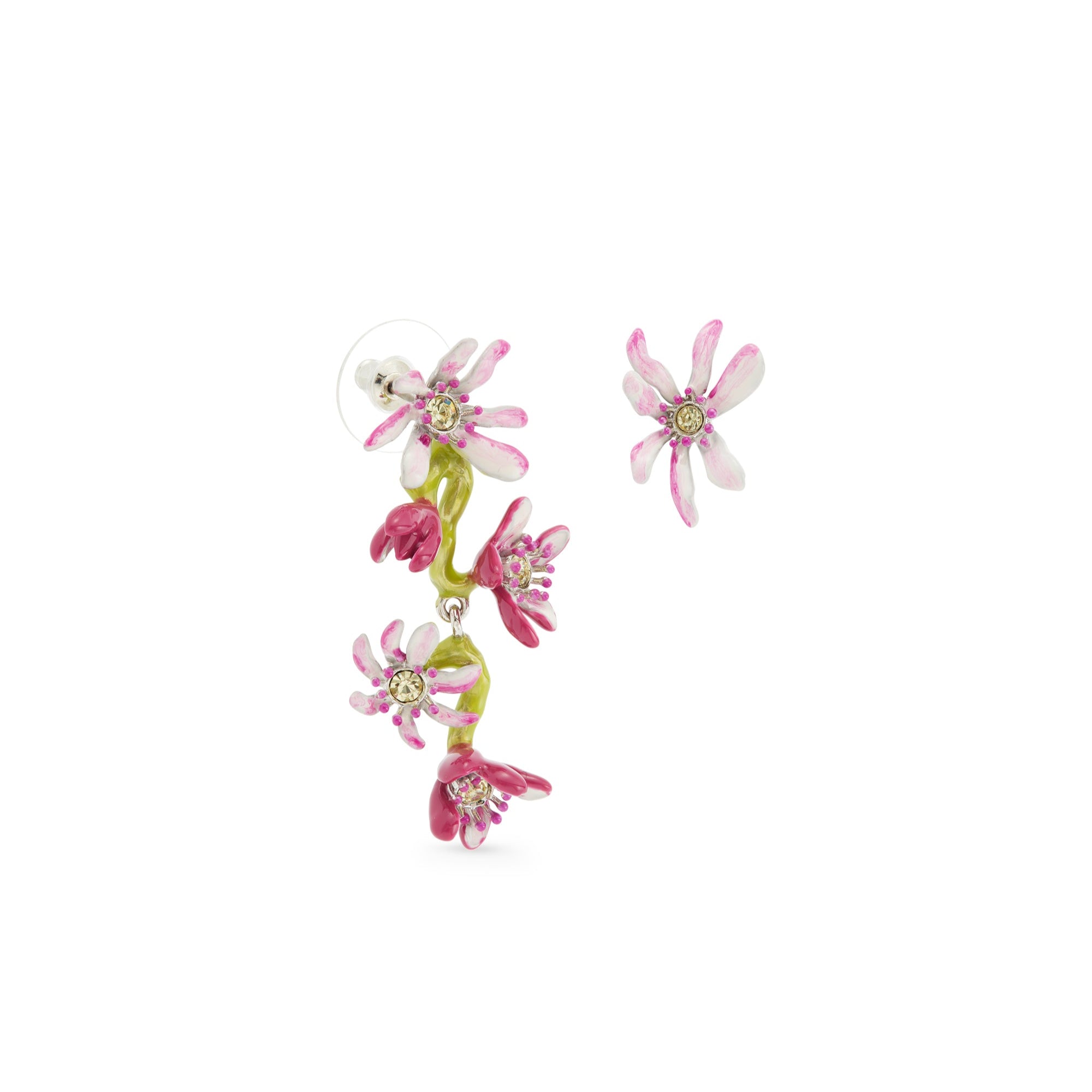 Les Nereides Pink Magnolia Flowers Asymmetrical Post Earrings