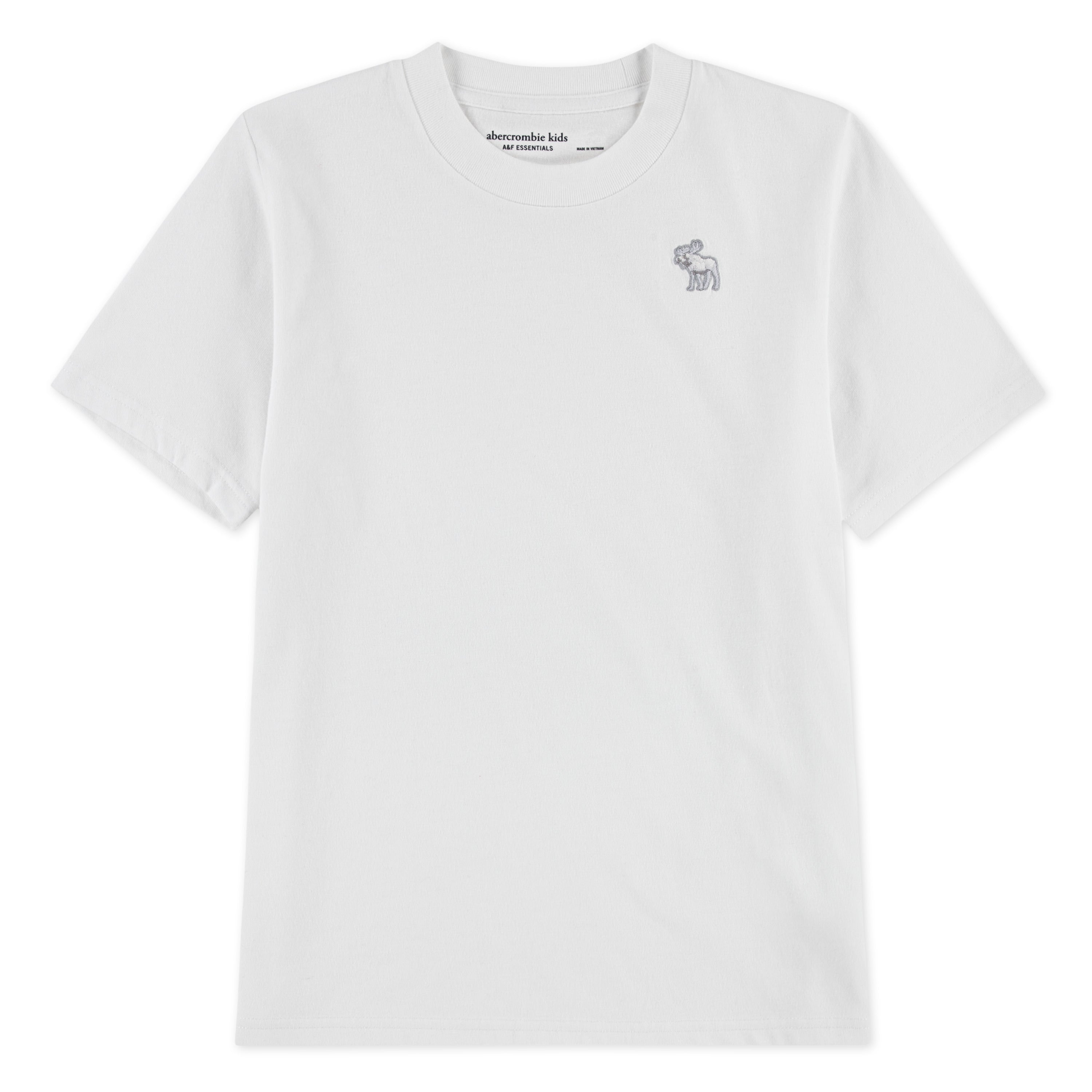 White Abercrombie & Fitch kids T-shirt with short sleeves, crew neckline, and small embroidered logo on the chest.