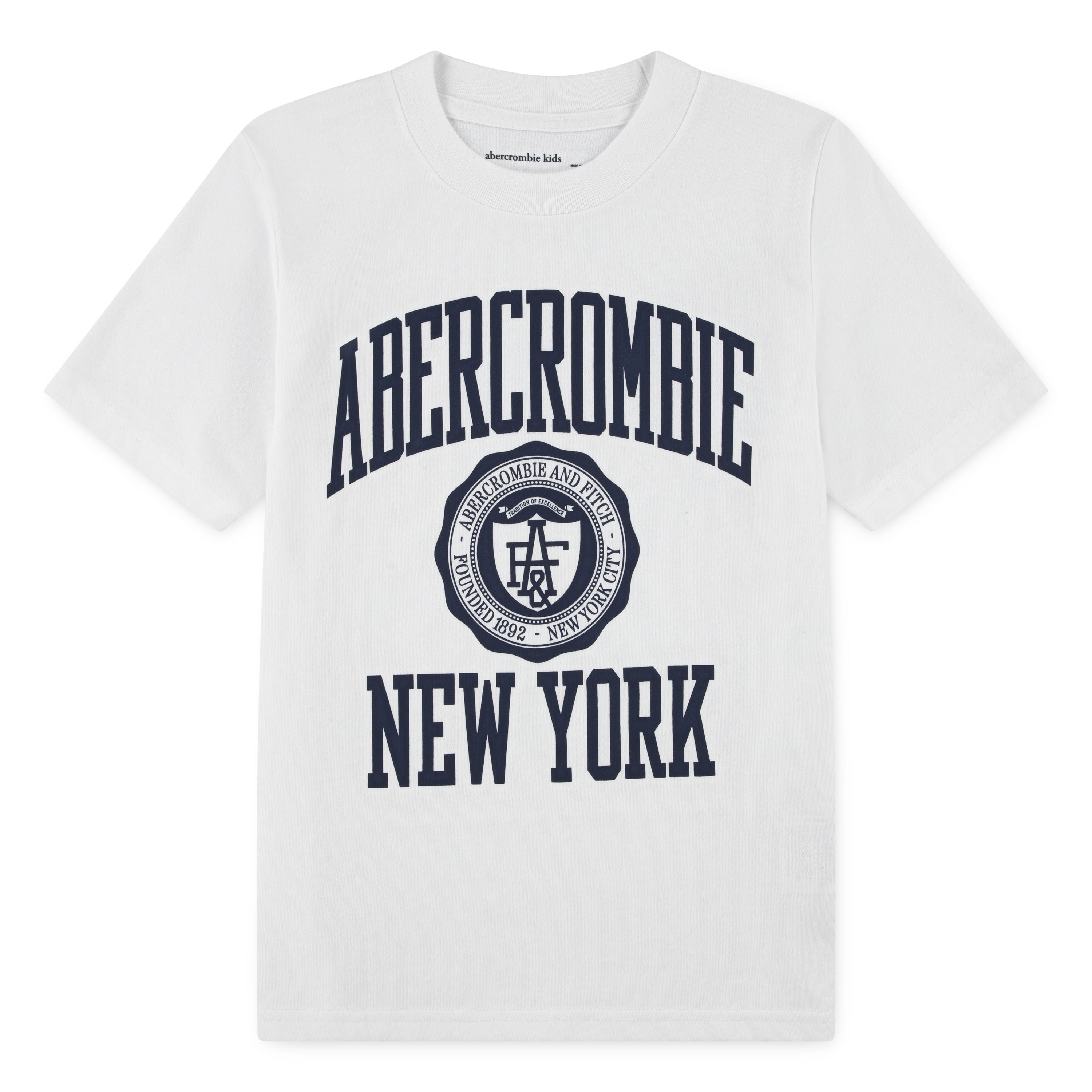 White Abercrombie & Fitch kids T-shirt with navy New York logo print, short sleeves, and classic crew neckline.