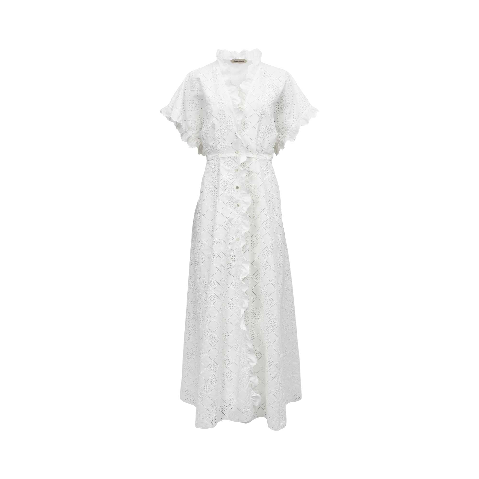 Front view of a white cotton broderie anglaise maxi dress featuring ruffled flutter sleeves, eyelet embroidery, and a button-down front with a waist tie.