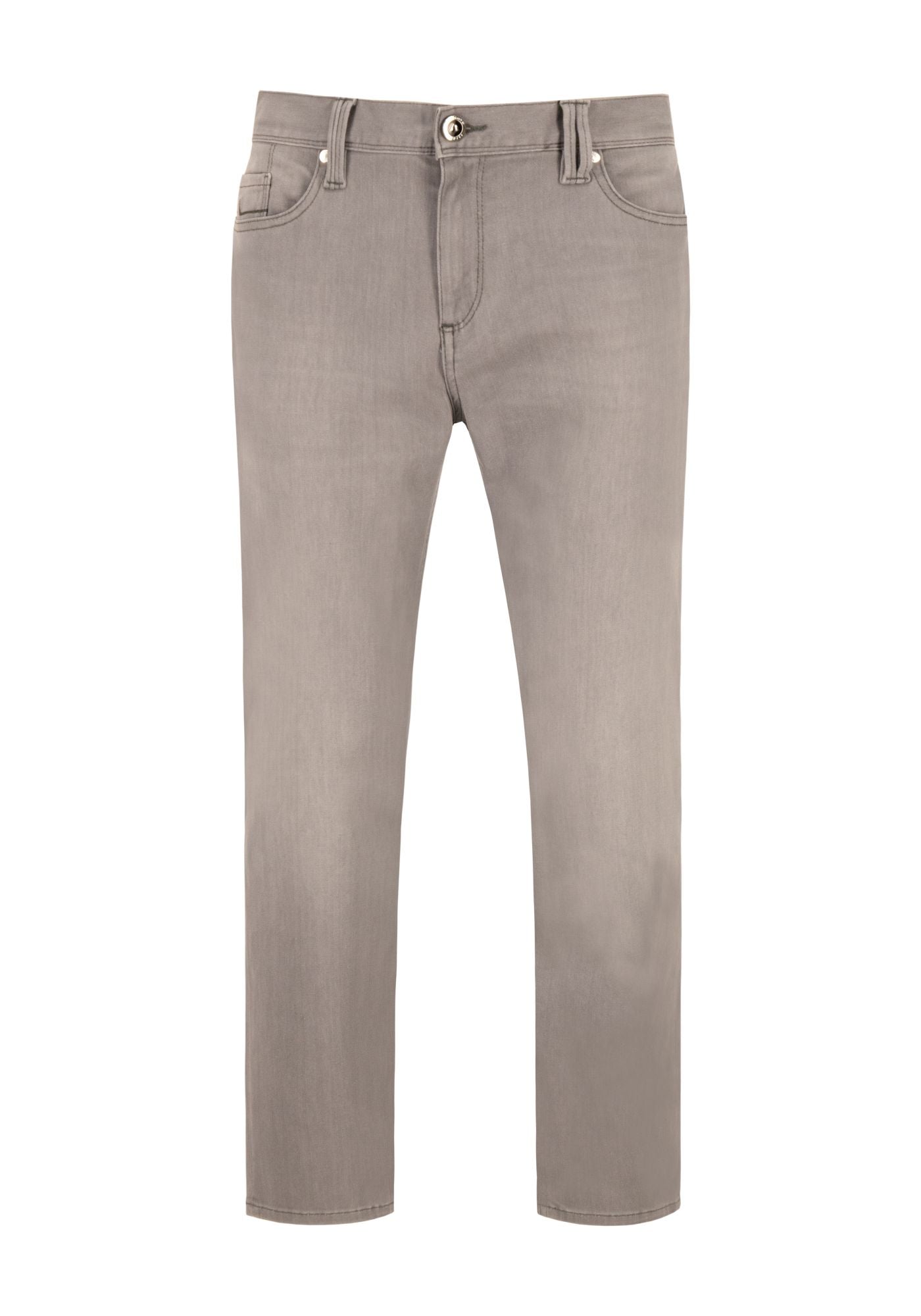 Front view of the Alberto men's modern fit stretch pants in a versatile grey-taupe hue, showcasing double belt loops and clean tonal stitching.