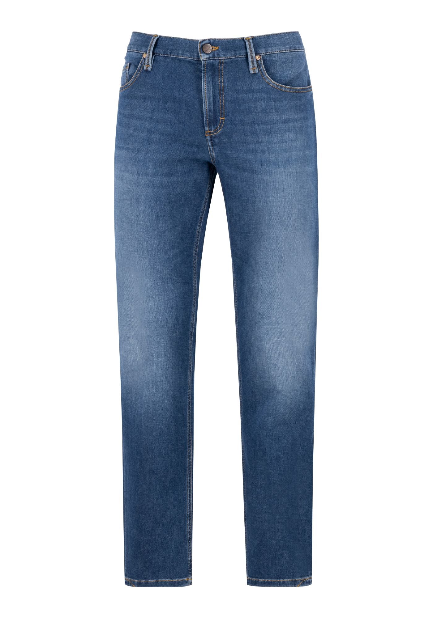 Front view of Alberto men's regular fit stretch jeans in a faded mid-blue wash, showcasing classic five-pocket styling, contrast stitching, and a copper-tone top button, available at BLUE SALON.