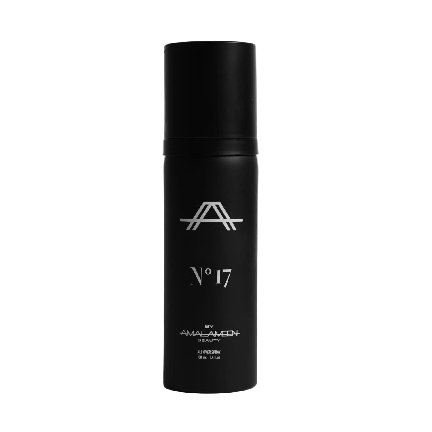 Studio product photograph of the Amal Ameen Beauty No. 47 All Over Spray 100ml bottle, showcased in a minimal matte black cylindrical canister with silver branding text over a clean grey background.