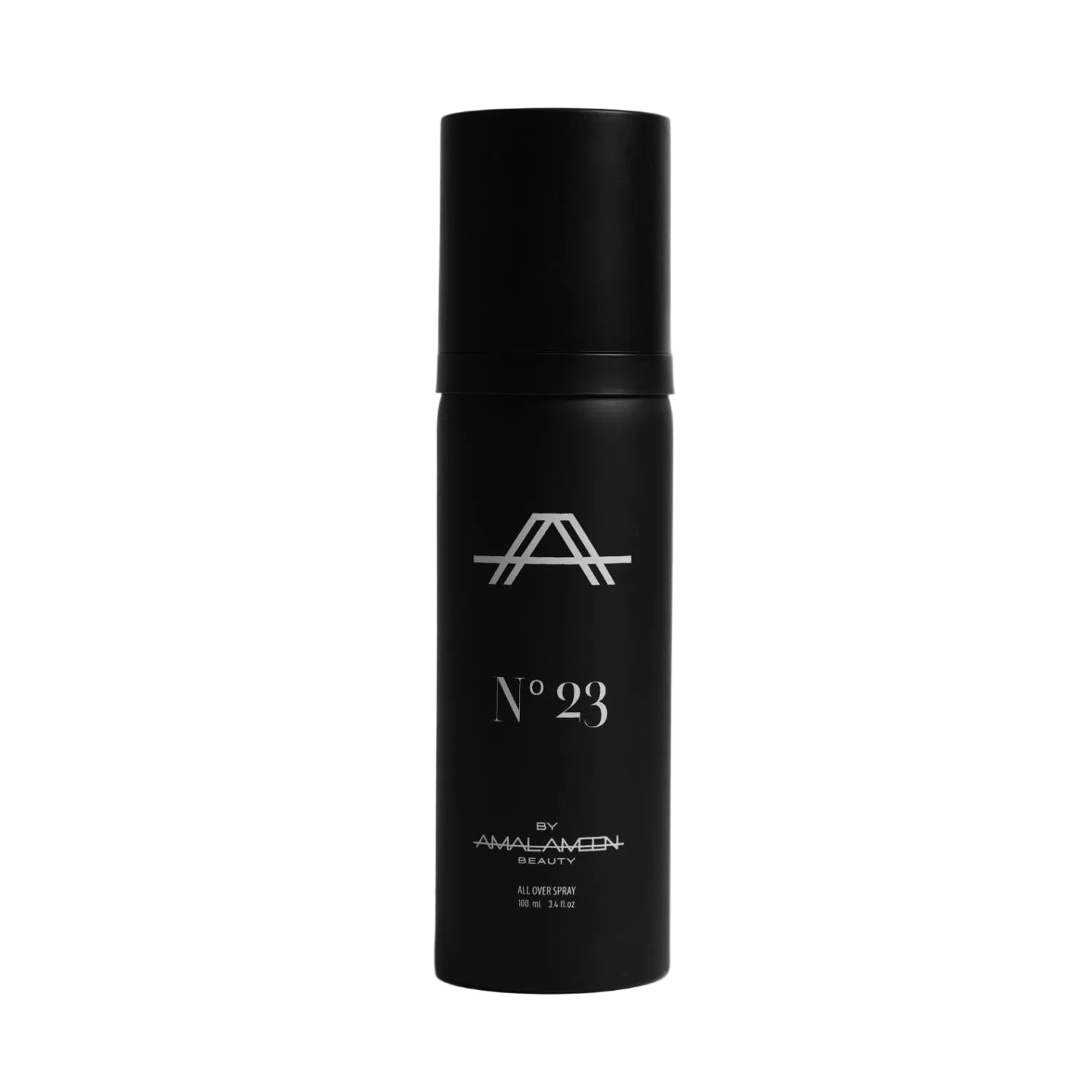 Studio product photograph of the Amal Ameen Beauty No. 23 All Over Spray 100ml bottle, showcased in a minimal matte black cylindrical canister with silver branding text over a clean grey background.