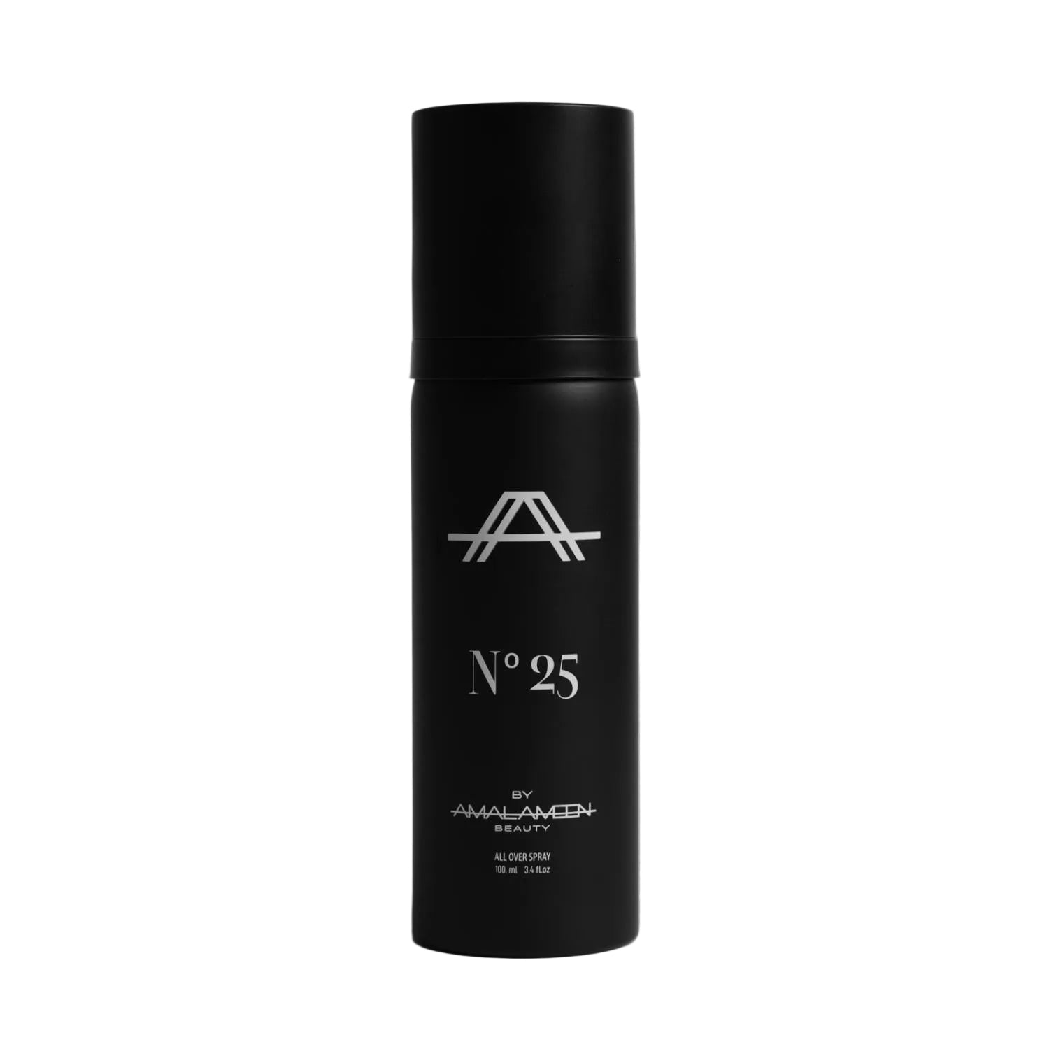 Studio product photograph of the Amal Ameen Beauty No. 25 All Over Spray 100ml bottle, showcased in a minimal matte black cylindrical canister with silver branding text over a clean grey background.