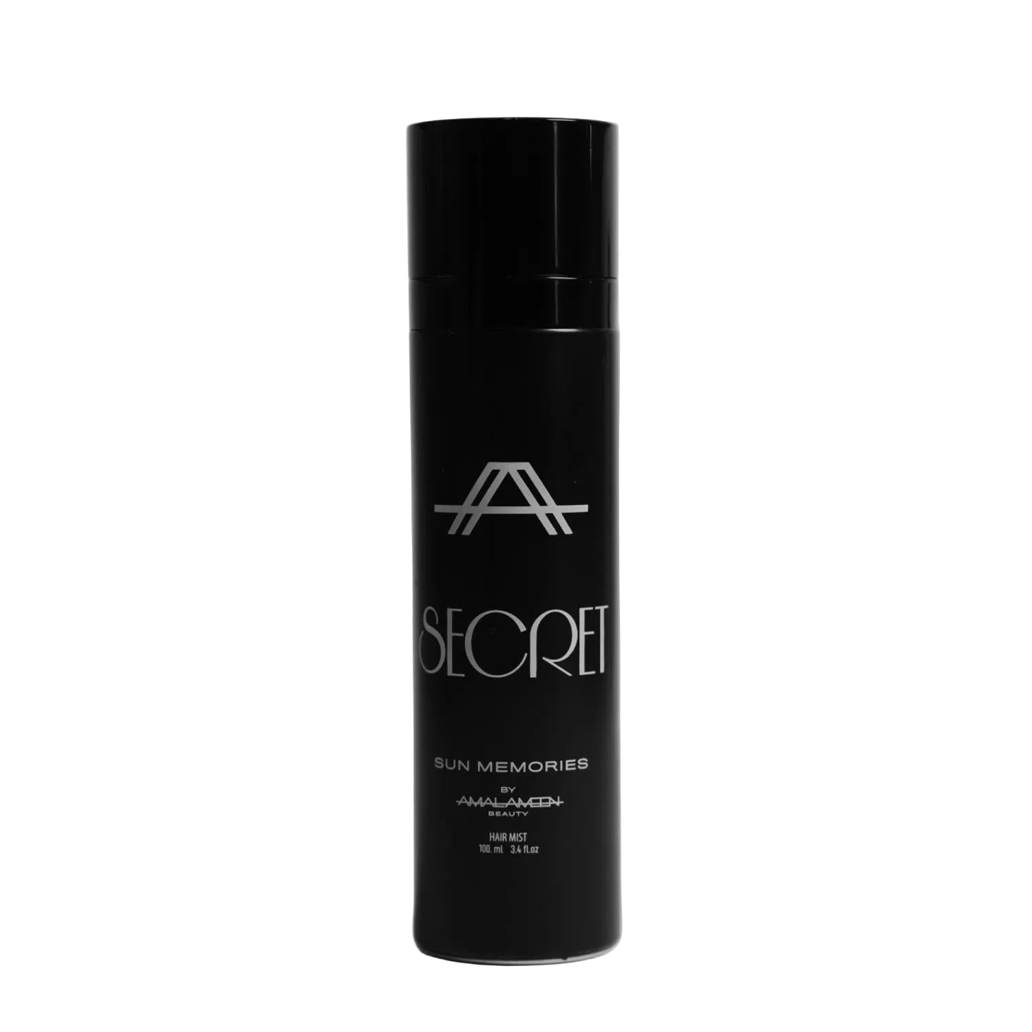 Studio product photograph of the Amal Ameen Beauty Secret Sun Memories Hair Mist 100ml bottle, featuring a sleek black cylindrical canister with a glossy cap and silver branding, shot against a clean grey background.