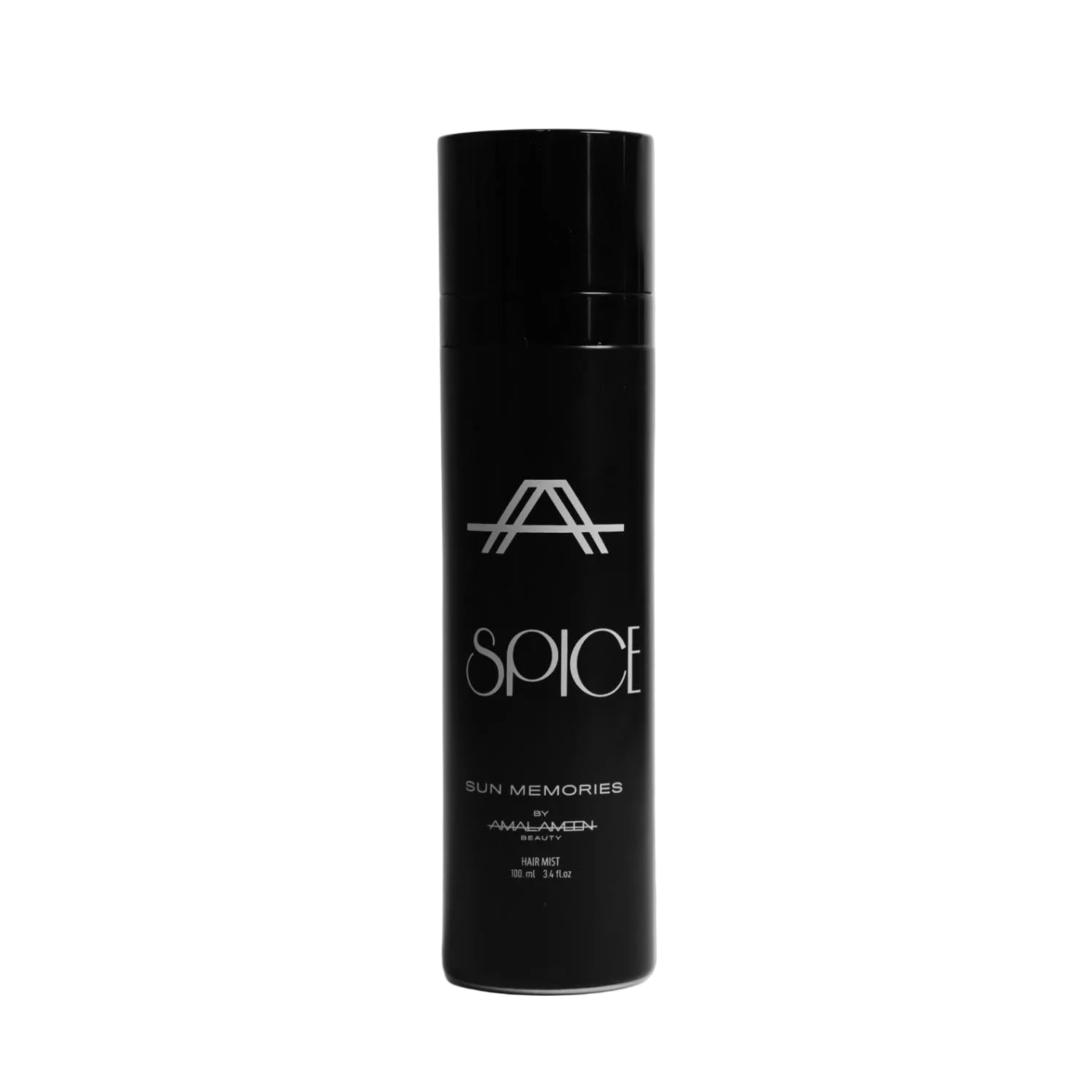 Studio product photograph of the Amal Ameen Beauty Spice Sun Memories Hair Mist 100ml bottle, featuring a sleek black cylindrical canister with a glossy cap and silver branding, shot against a clean grey background.