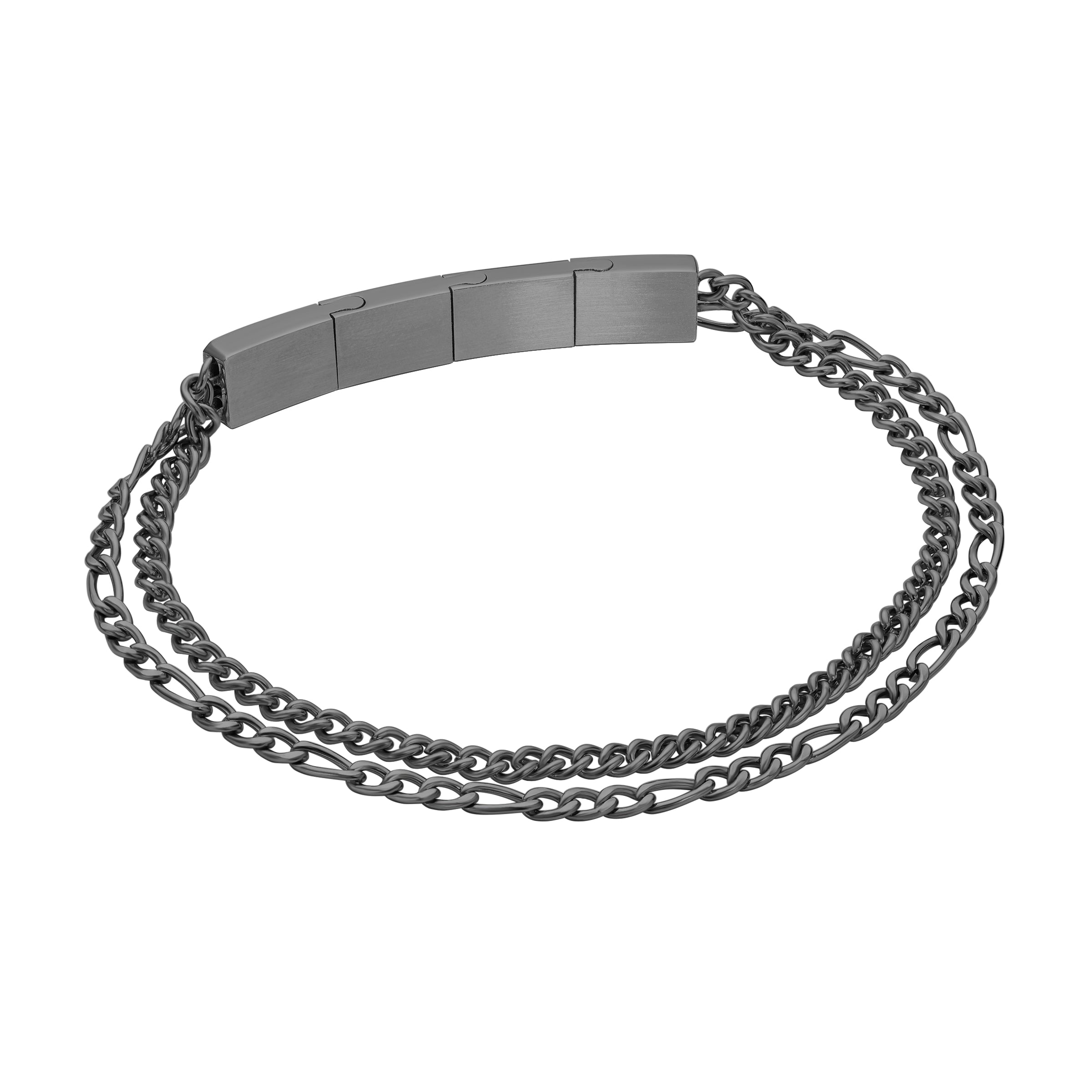 An angled studio shot of the closed Cerruti 1881 Guido men's gunmetal double chain bracelet, showcasing the dual curb and Figaro chains attached to the brushed modular ID plate.