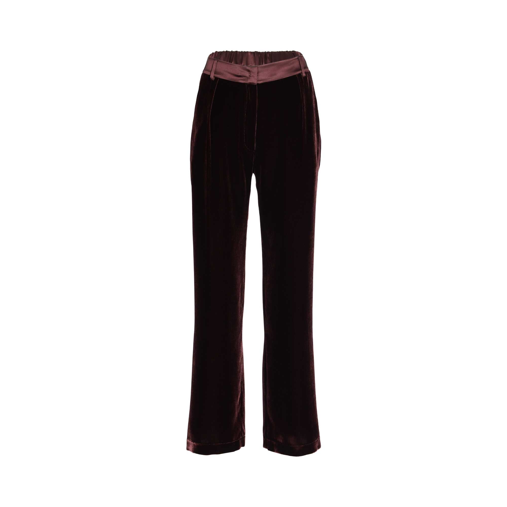 Front view of BAQA burgundy velvet trousers showing the contrast satin waistband and tailored straight leg.