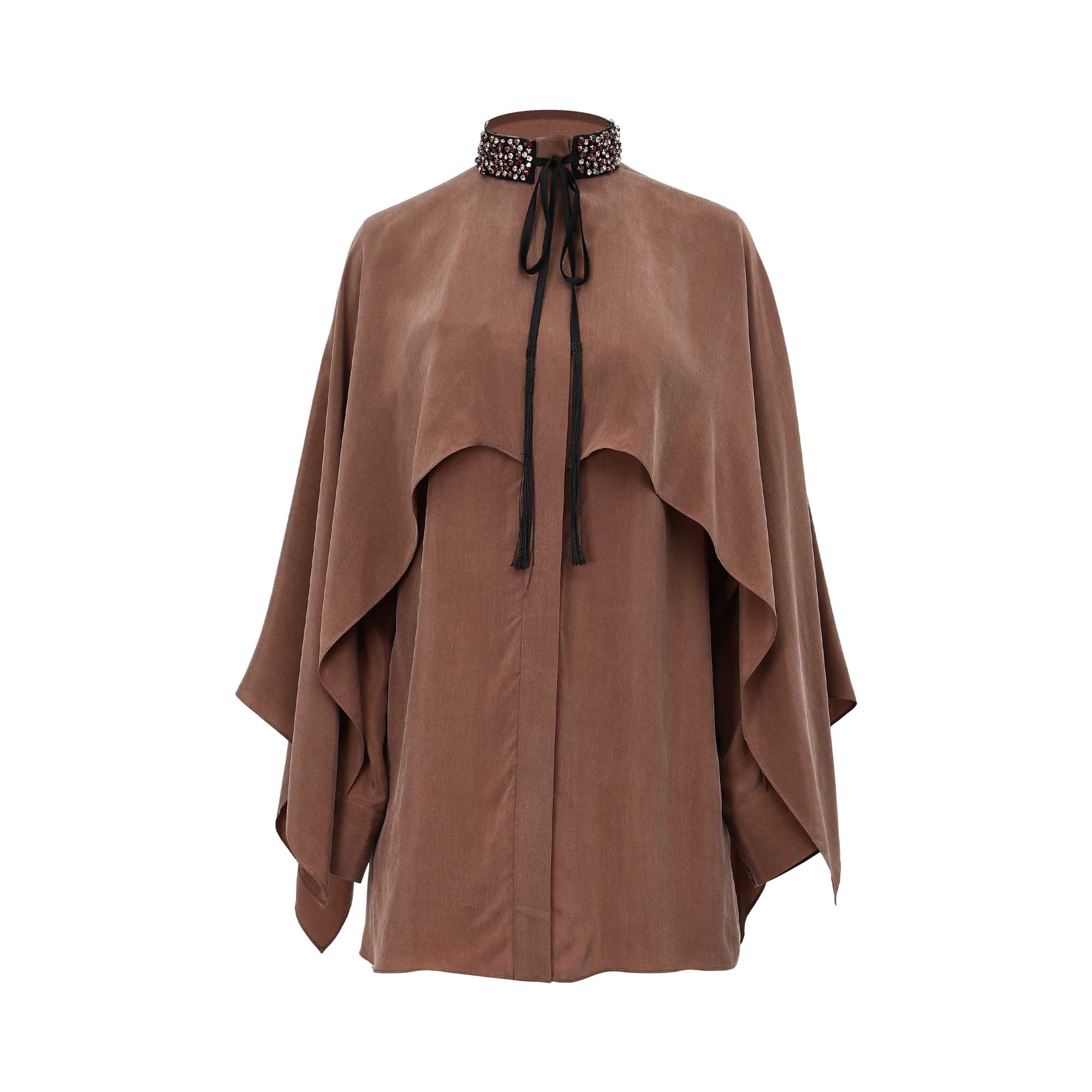 Front view of BAQA mocha brown blouse featuring a cape overlay, crystal-embellished high collar, and black velvet neck tie.