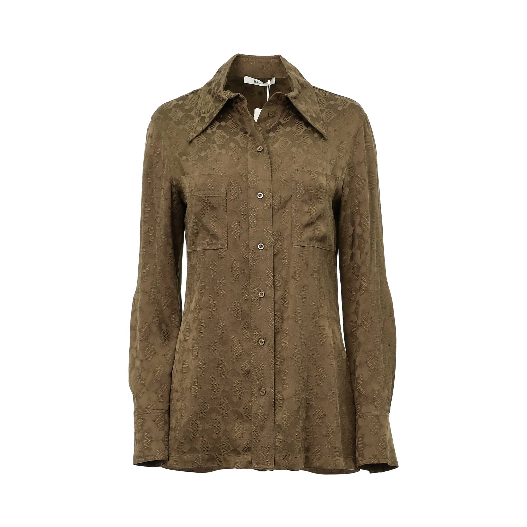 Front view of BAQA olive green jacquard shirt with button-down front, oversized collar, and two chest pockets.