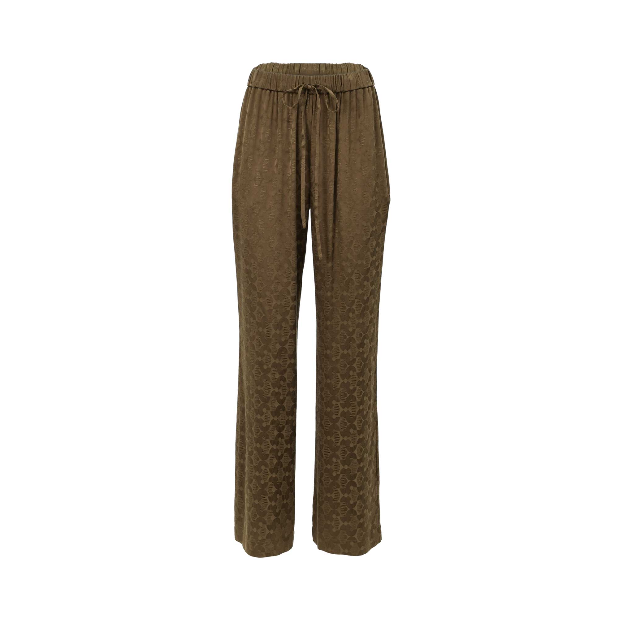 Front view of BAQA olive green wide-leg trousers with geometric jacquard pattern and drawstring waist