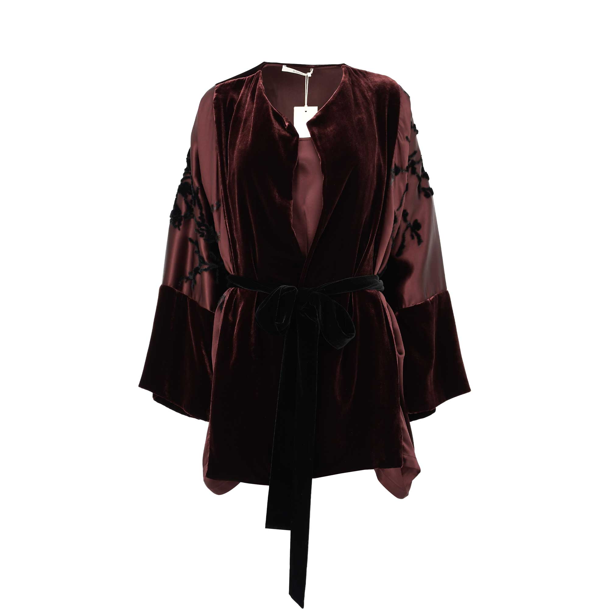 Front view of BAQA plum velvet kimono with satin sleeves, embroidery, and a black velvet belt.