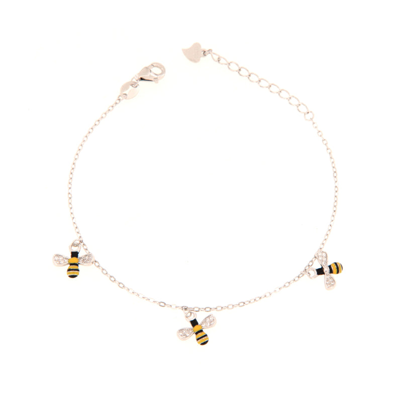 Silver-toned chain bracelet with three black and yellow striped bee charms, each featuring pavé-set wings.