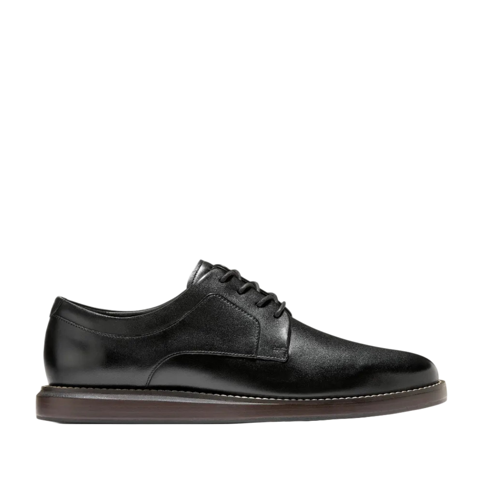 Black plain-toe oxford shoes with a smooth leather upper, lace-up closure, and a contrasting dark brown sole with white stitc