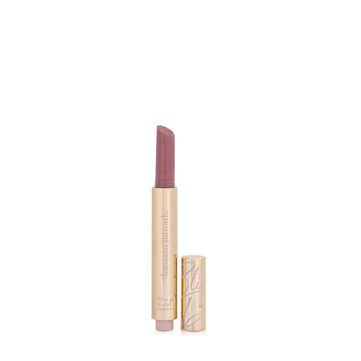Bassam Fattouh Blind Date Plump and Pout slim gold lipstick tube opened to show the mauve pink lipstick shade, next to its gold cap.
