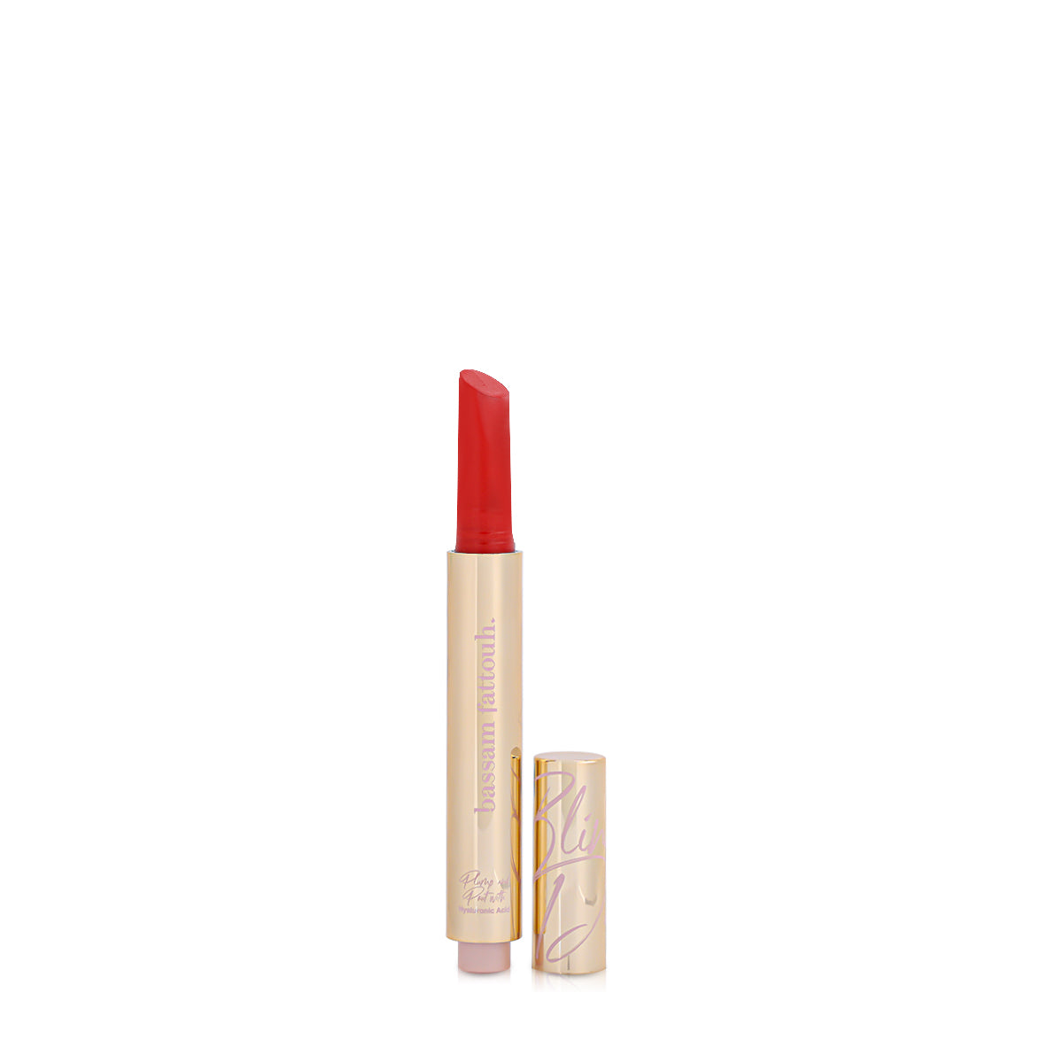 Bassam Fattouh Blind Date Plump and Pout slim gold lipstick tube opened to show the mauve pink lipstick shade, next to its gold cap.