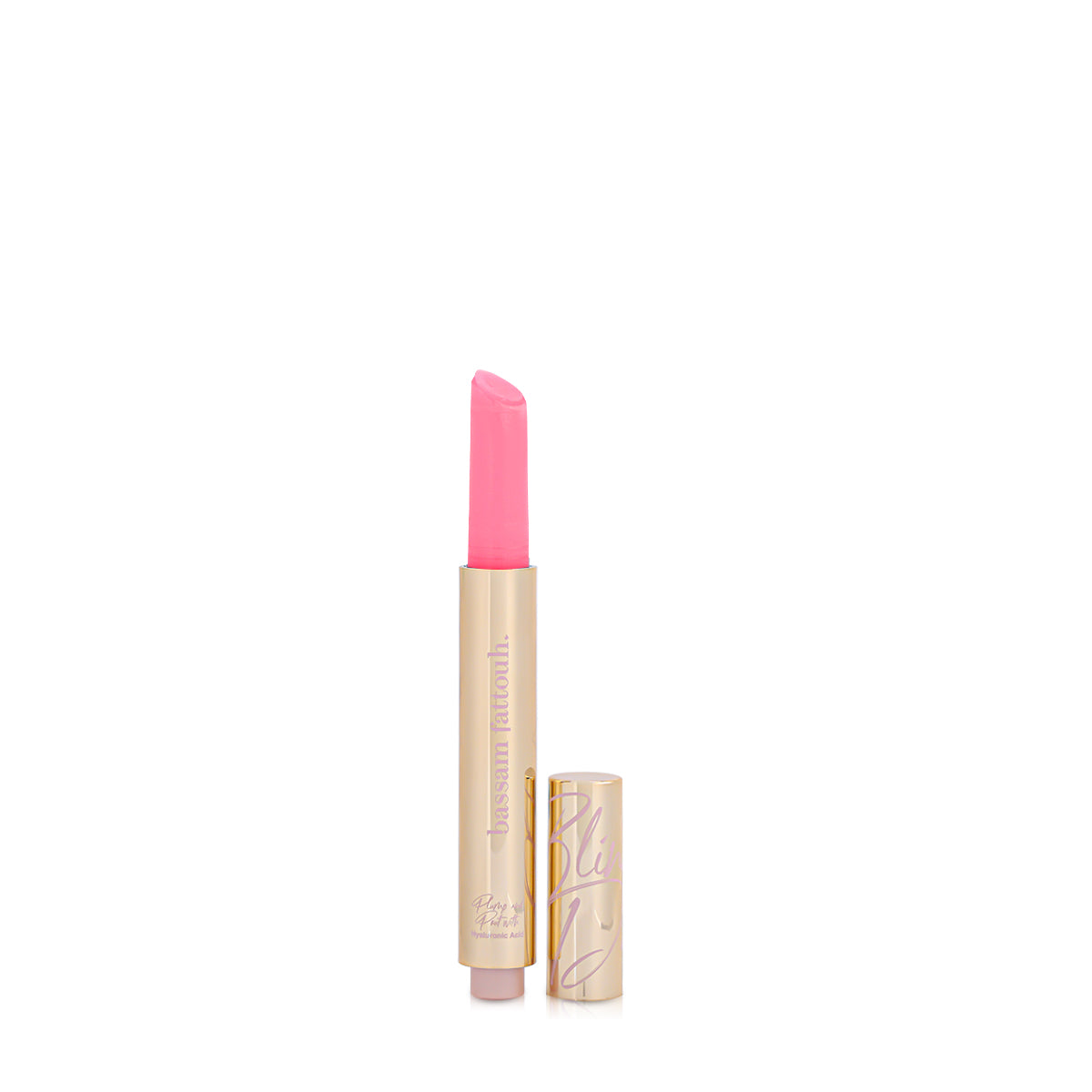 Pink lipstick with gold casing on a white background.