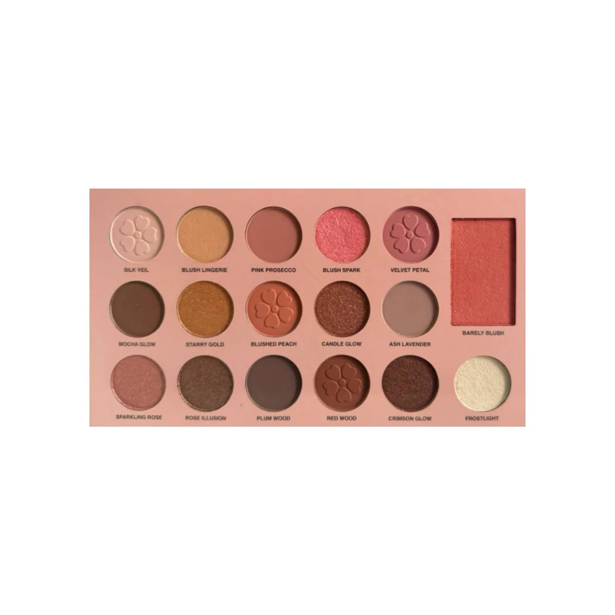 An open Bassam Fattouh The Blushed palette showing fifteen versatile round eyeshadow pans and a rectangular blush shade, ranging from soft mattes to shimmering metallic earth tones, available at blue salon.
