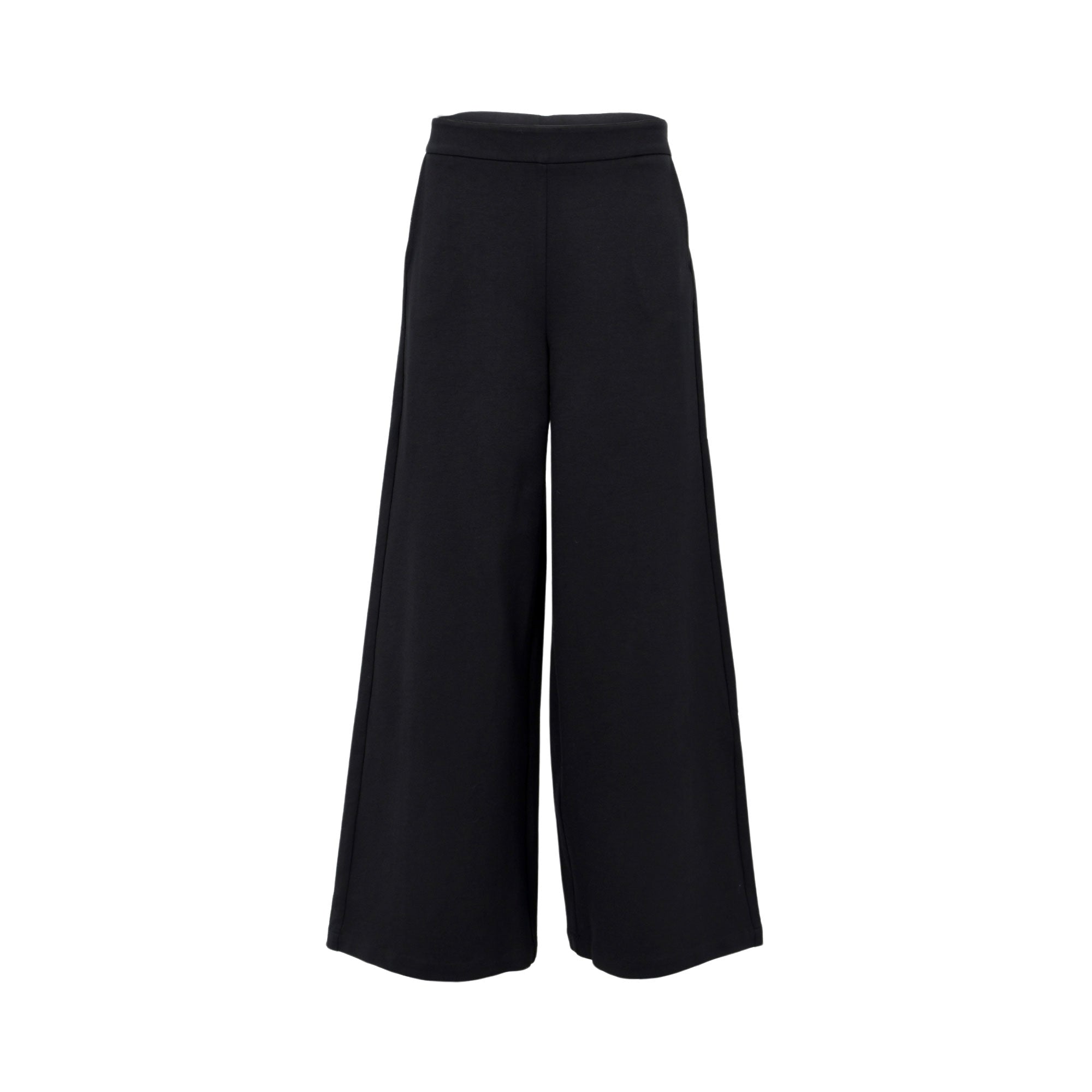 Front view of women's high-waisted wide-leg trousers in solid black, featuring a smooth waistband and a flowy, flared silhouette, isolated on a white background.