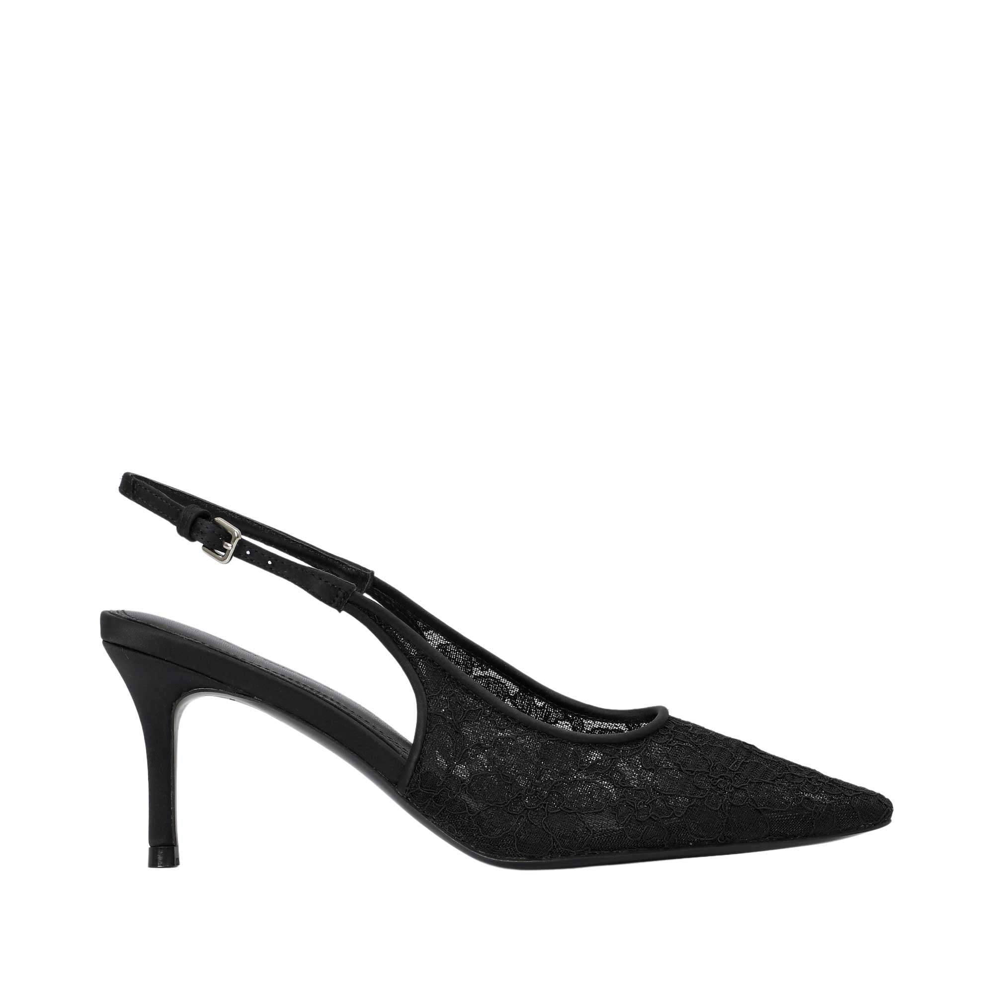 A single black pointed-toe slingback pump with a textured lace upper and a slim high heel, shown in profile against a plain white background.
