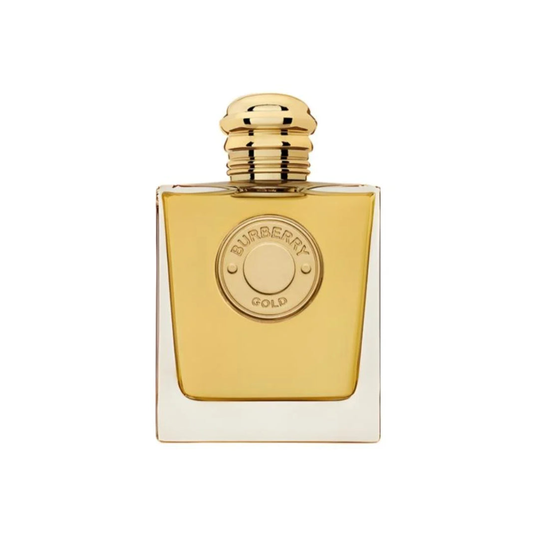 Gold Burberry perfume bottle on a white background.