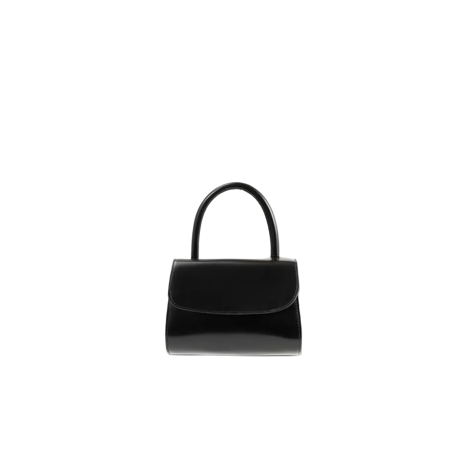 Front view of the BY FAR Mini 2.0 top handle bag in black semi-patent leather featuring a small structured body and a single curved handle against a light grey background.
