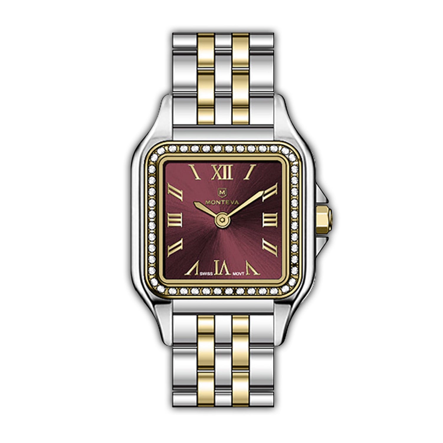 MONTEVA ladies' watch with silver-toned and gold-toned two-tone bracelet, silver-toned cushion case, and a burgundy sunray di