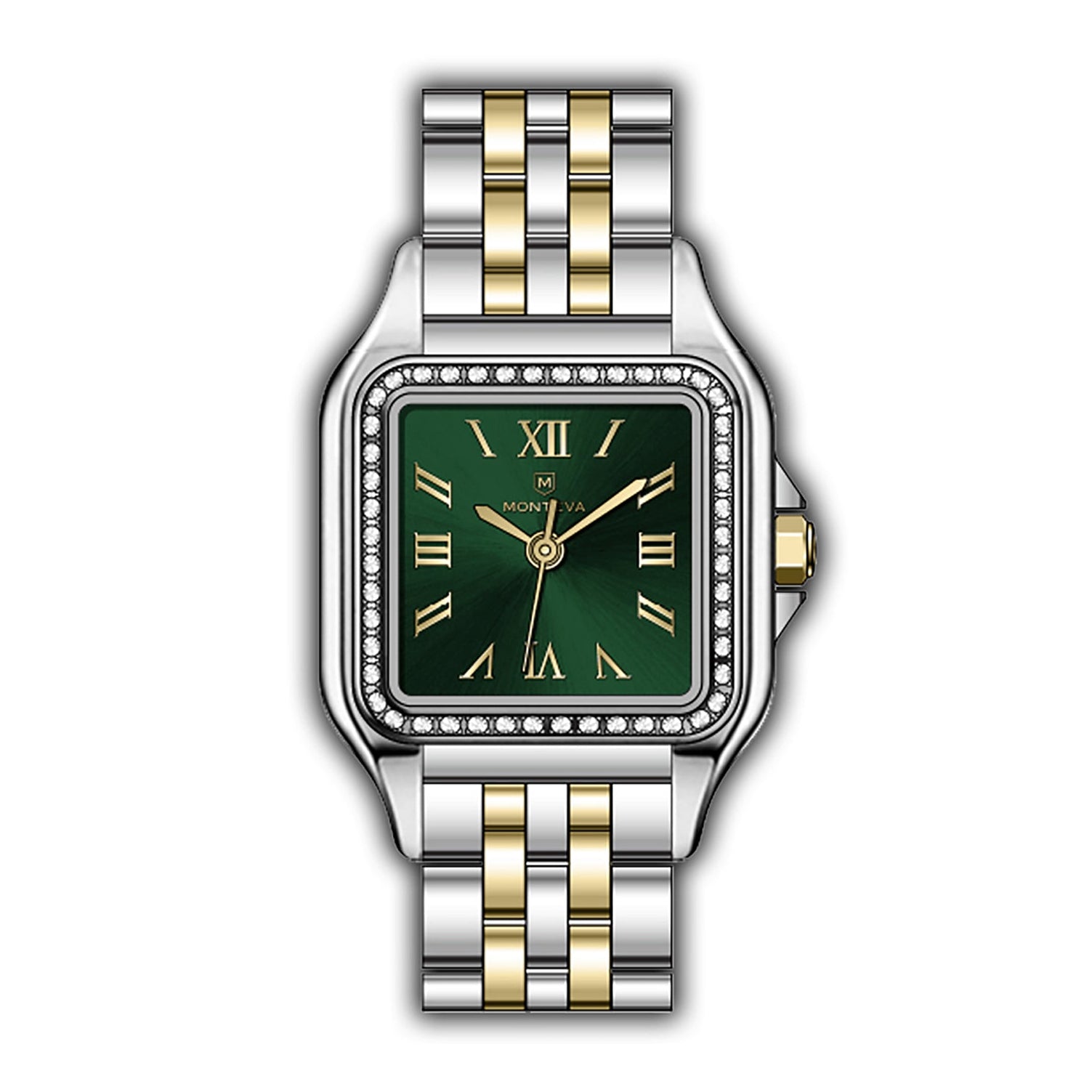 Monteva ladies' watch with a silver-toned and gold-toned bracelet, square case, green dial, and crystal-embellished bezel.