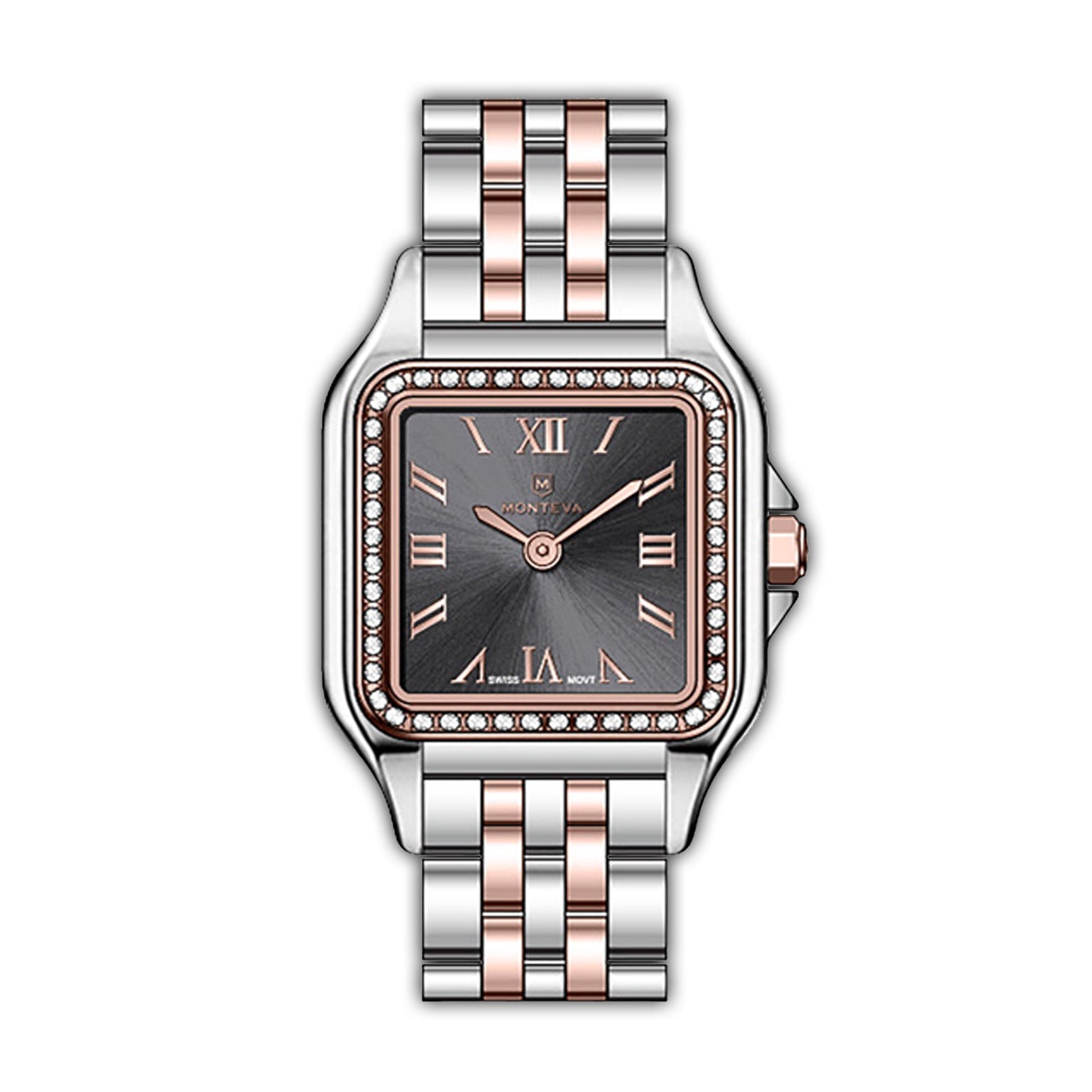 MONTEVA ladies' watch with a silver-toned square case, rose gold-toned stone-set bezel, dark grey dial, and silver and rose g