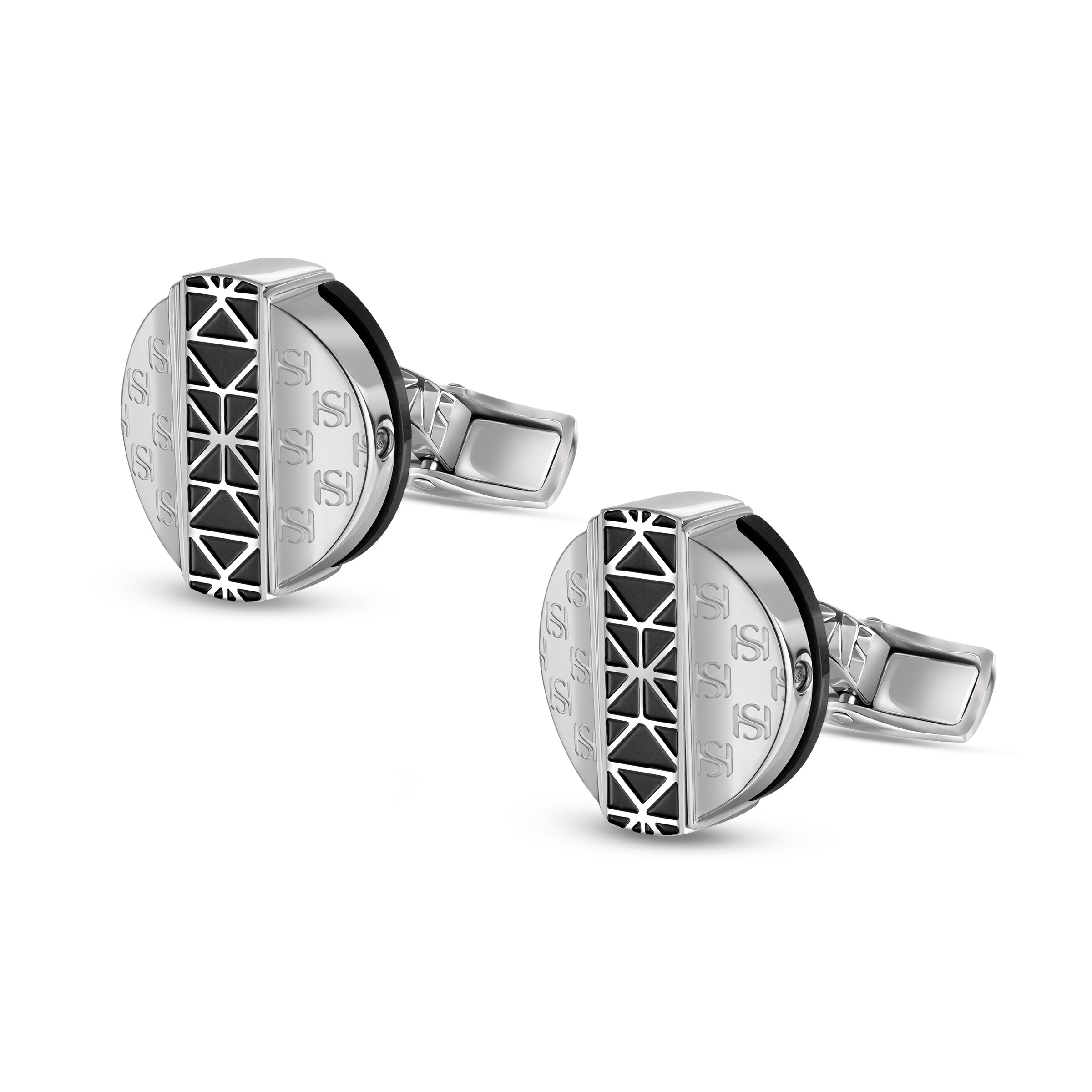Pair of Saint Honore silver-toned cufflinks with black carbon fibre geometric pattern inlay and 'S' motif.