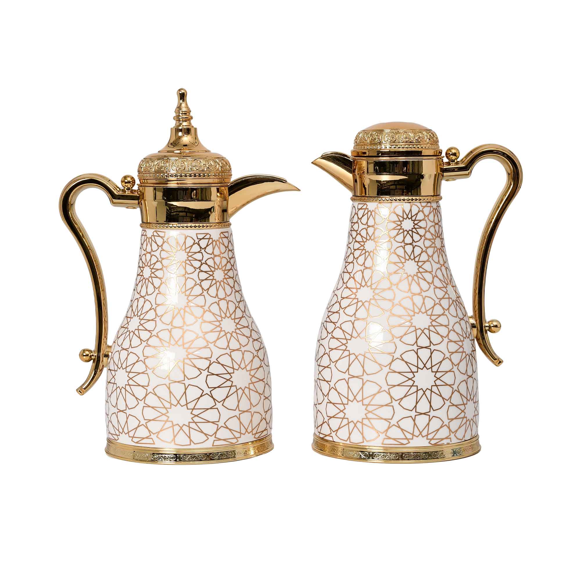 A luxury 2-piece set of CASA BLU beverage servers featuring white bodies with gold geometric star patterns, gold-plated handles, and ornate gold lids.