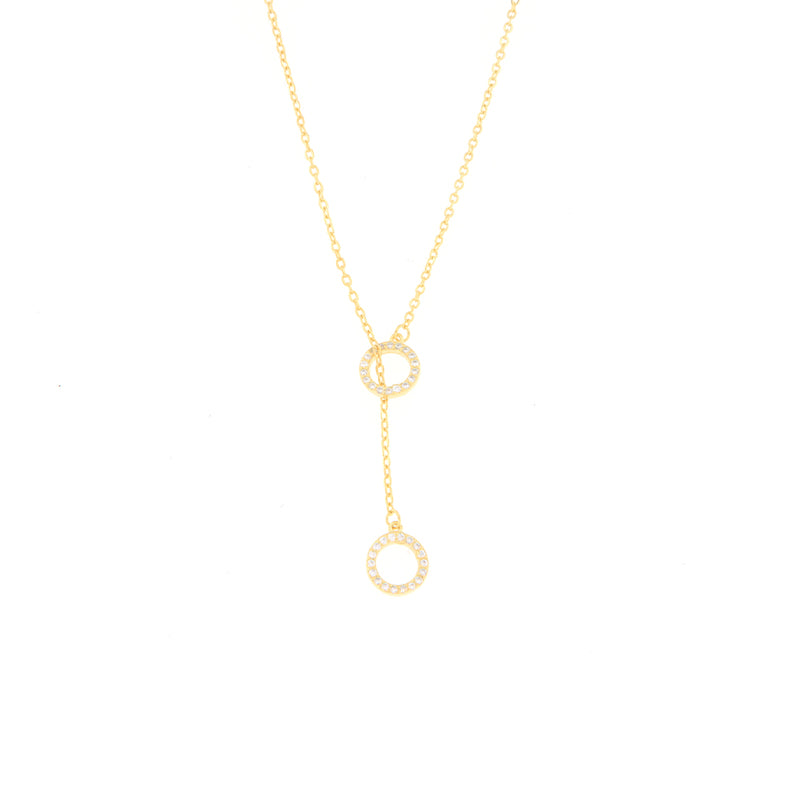 Gold-toned Y-drop necklace with two round, pavé-set crystal embellished elements on a delicate chain.
