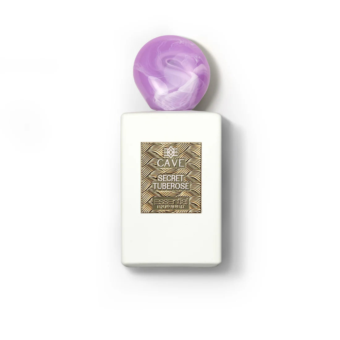 Abercrombie & Fitch Cave Essential Secret Tuberose luxury parfum bottle with white finish, gold label, and purple marbled cap.