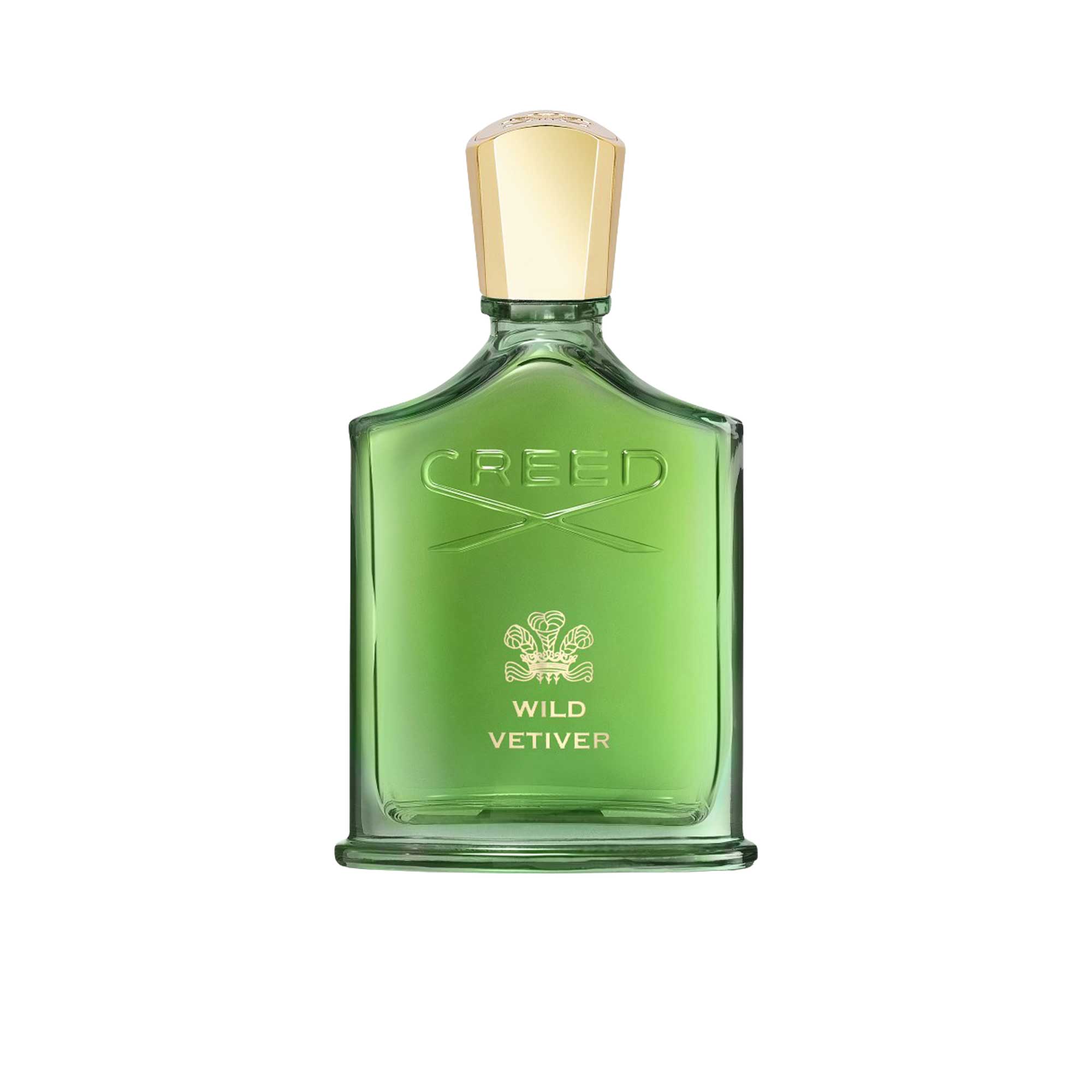 A translucent green glass bottle of Creed Wild Vetiver perfume with a gold cap, featuring the embossed Creed logo and gold lettering against a white background.