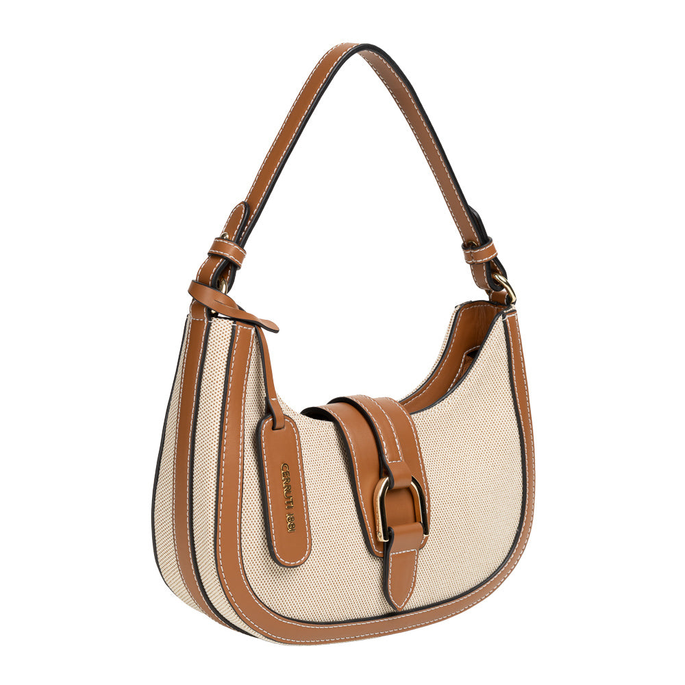 Studio product photograph of the Cerruti 1881 women's Paris shoulder bag, showcasing its crescent beige canvas body, tan leather stitched borders, central gold buckle accent, and branded hangtag against a plain white background.