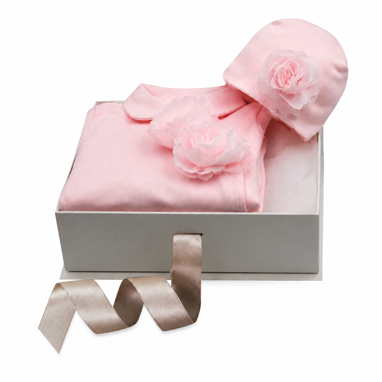 Pink baby sleepsuit set, including a long-sleeved garment with a rounded collar and a matching hat, both adorned with layered