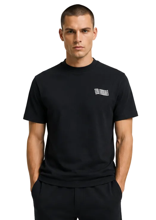 Karl Lagerfeld men's black crewneck T-shirt with white stacked logo print on the left chest.