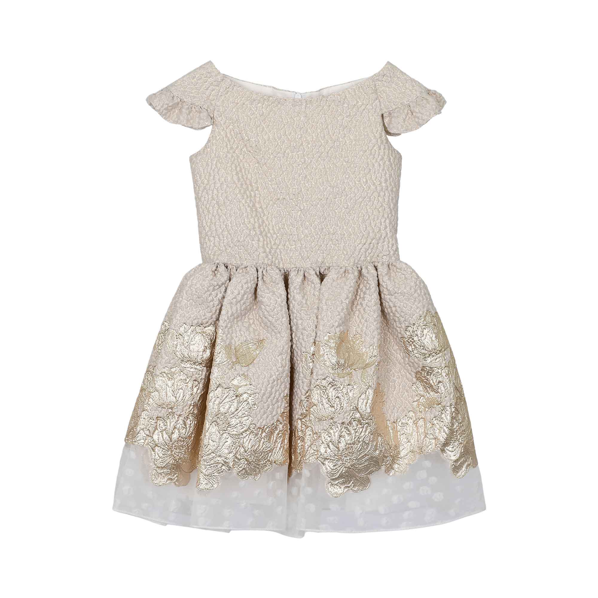 Front view of a David Charles girls' champagne gold brocade party dress featuring metallic gold floral embroidery and ruffled cap sleeves.