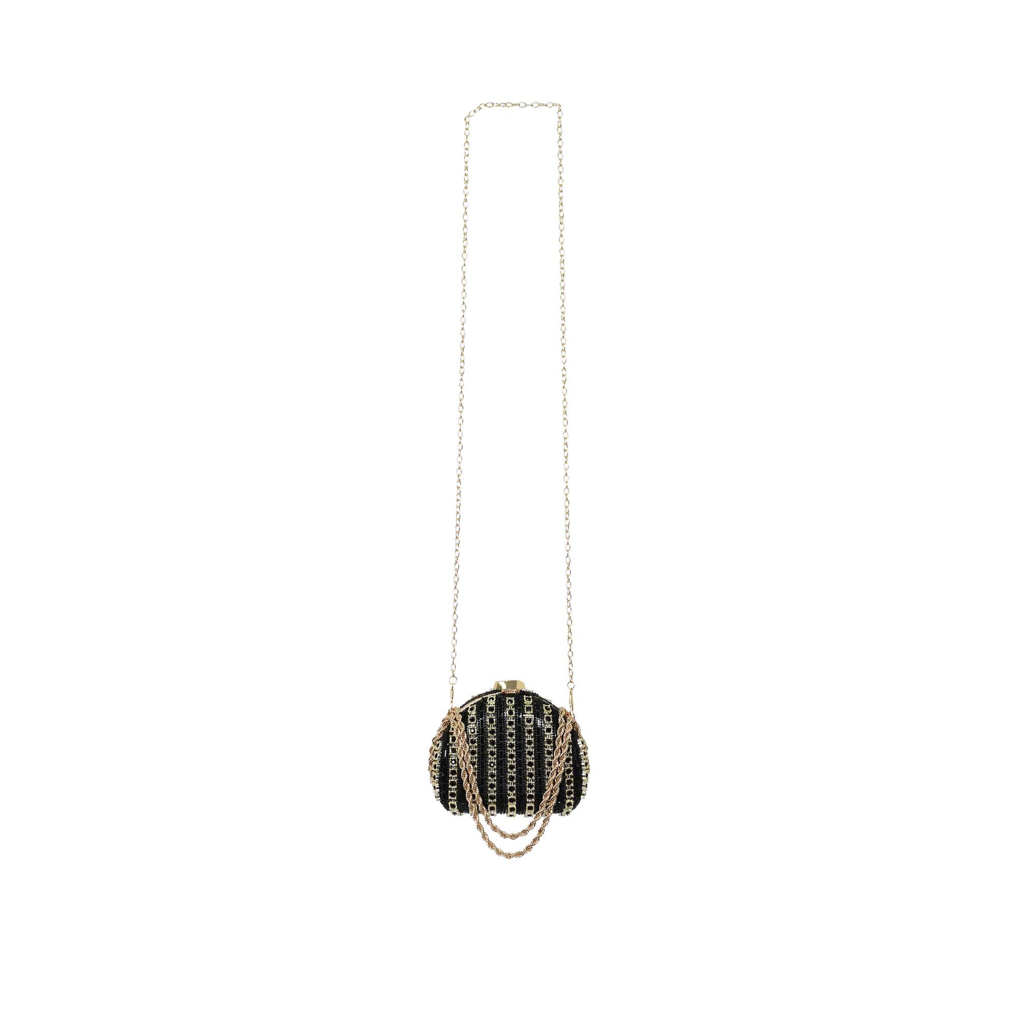 Front view of a David Charles black and gold striped crystal clutch with decorative draped chains and a long gold shoulder strap.